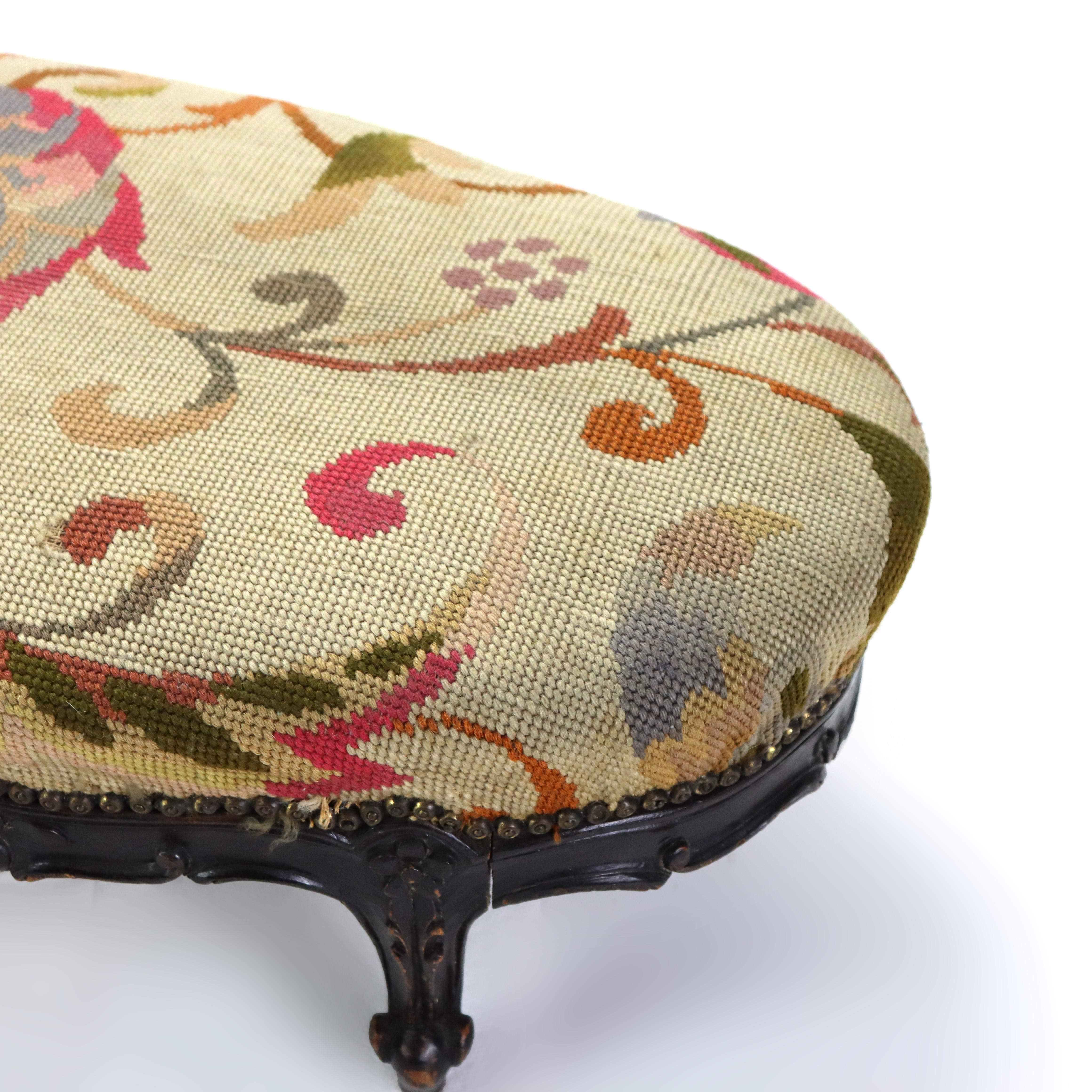 Antique Louis XIV Style Carved Walnut Tapestry Long Footstool C1890 For Sale 4