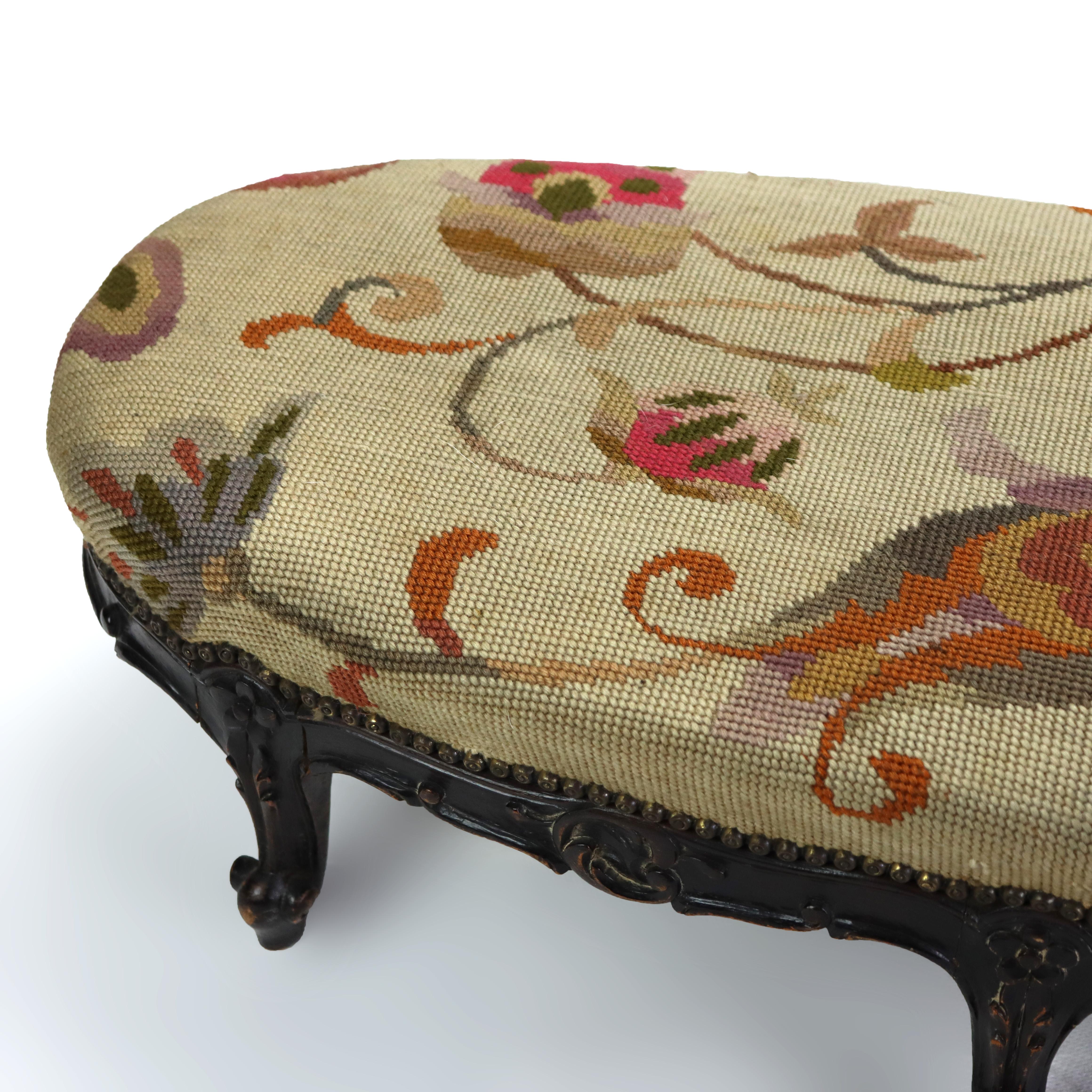Antique Louis XIV Style Carved Walnut Tapestry Long Footstool C1890 For Sale 5