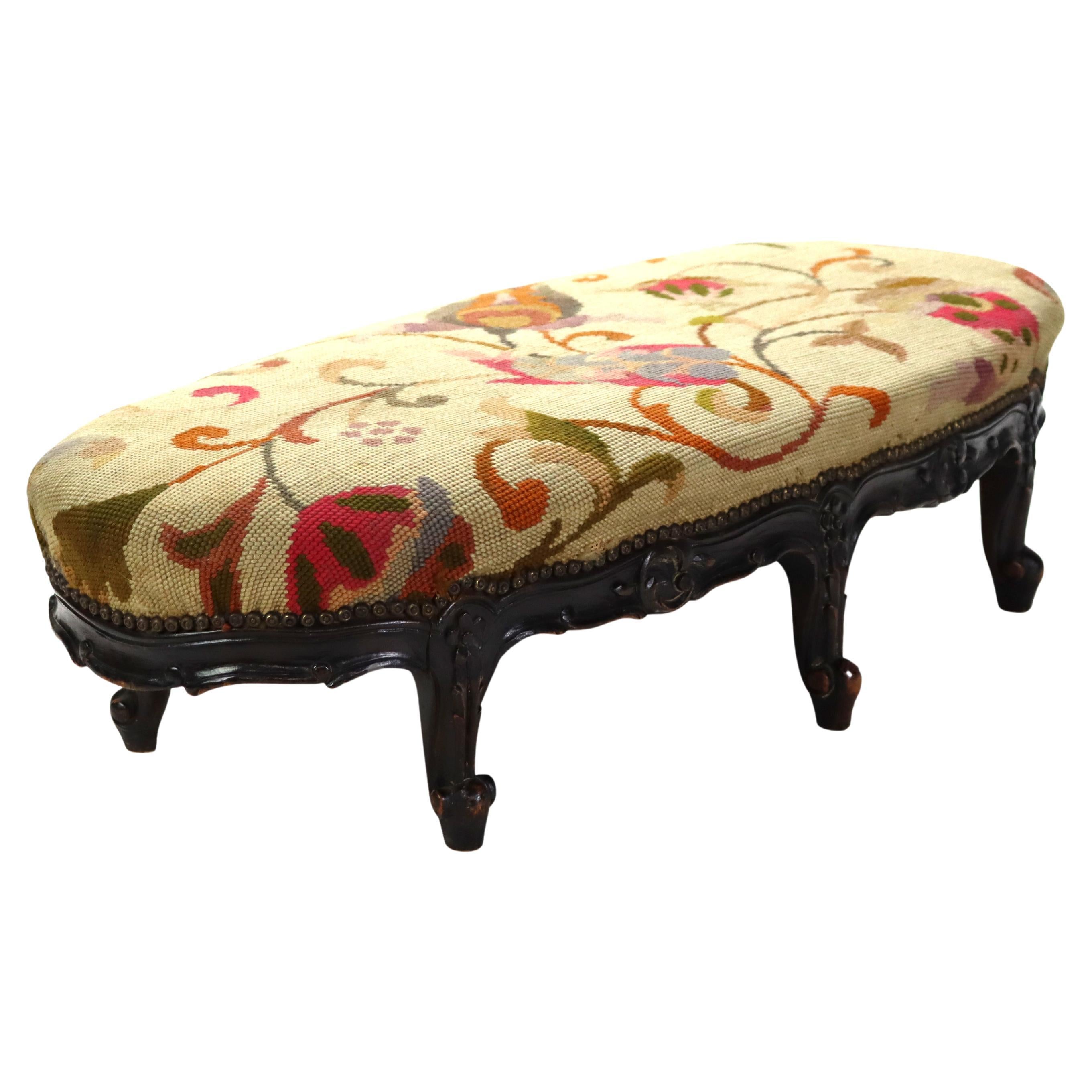 Antique Louis XIV Style Carved Walnut Tapestry Long Footstool C1890