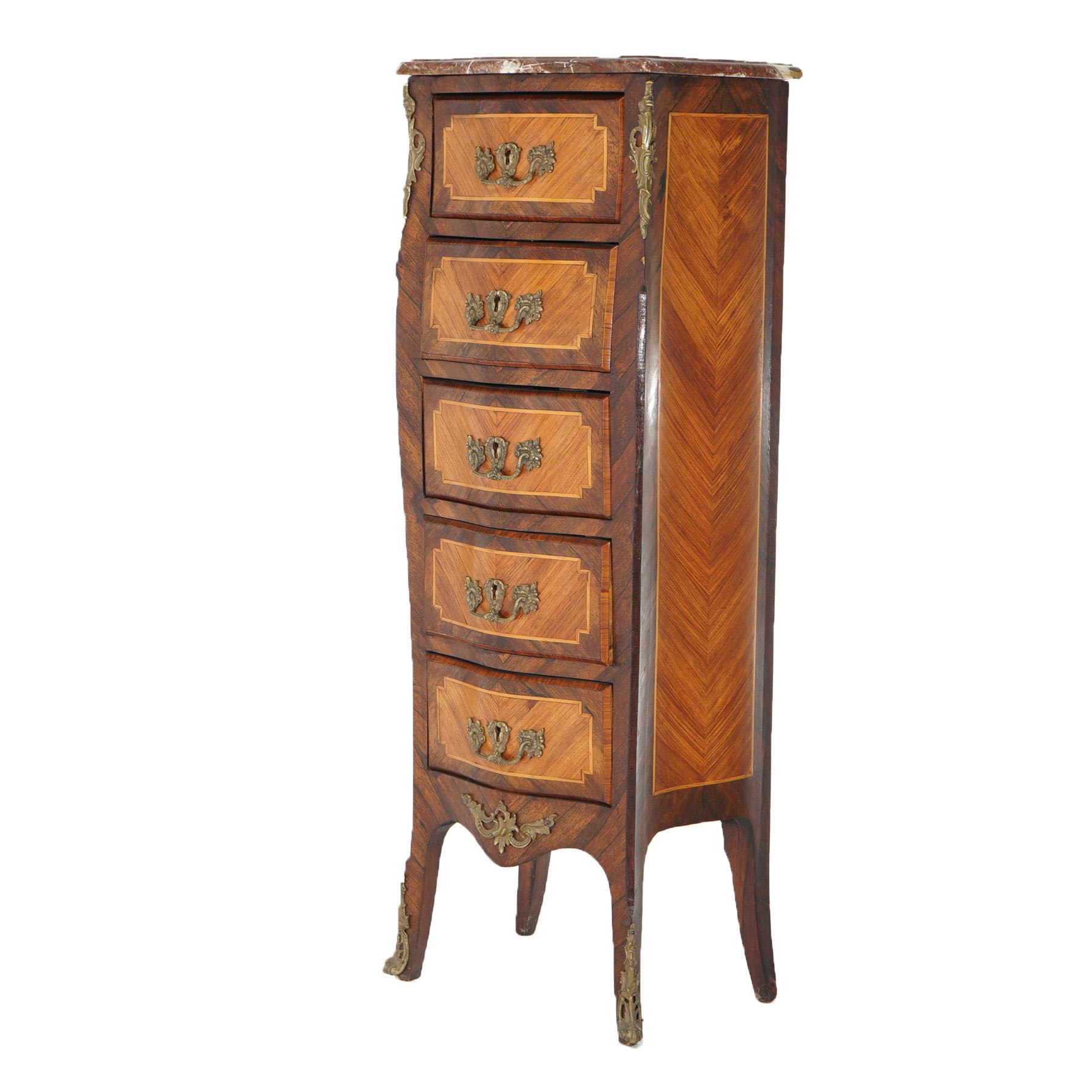 French Antique Louis XIV Style Kingwood, Satinwood, Marble & Ormolu Lingerie Case 19thC
