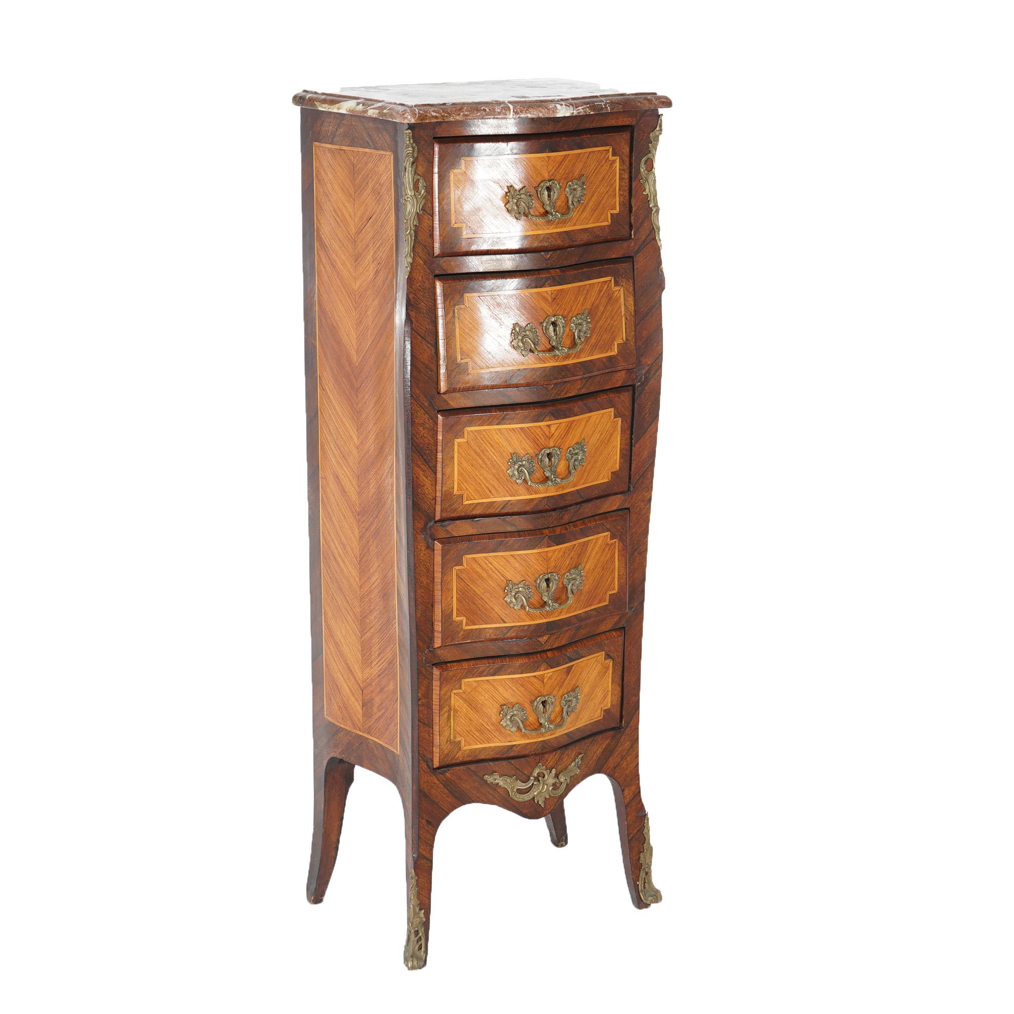 19th Century Antique Louis XIV Style Kingwood, Satinwood, Marble & Ormolu Lingerie Case 19thC