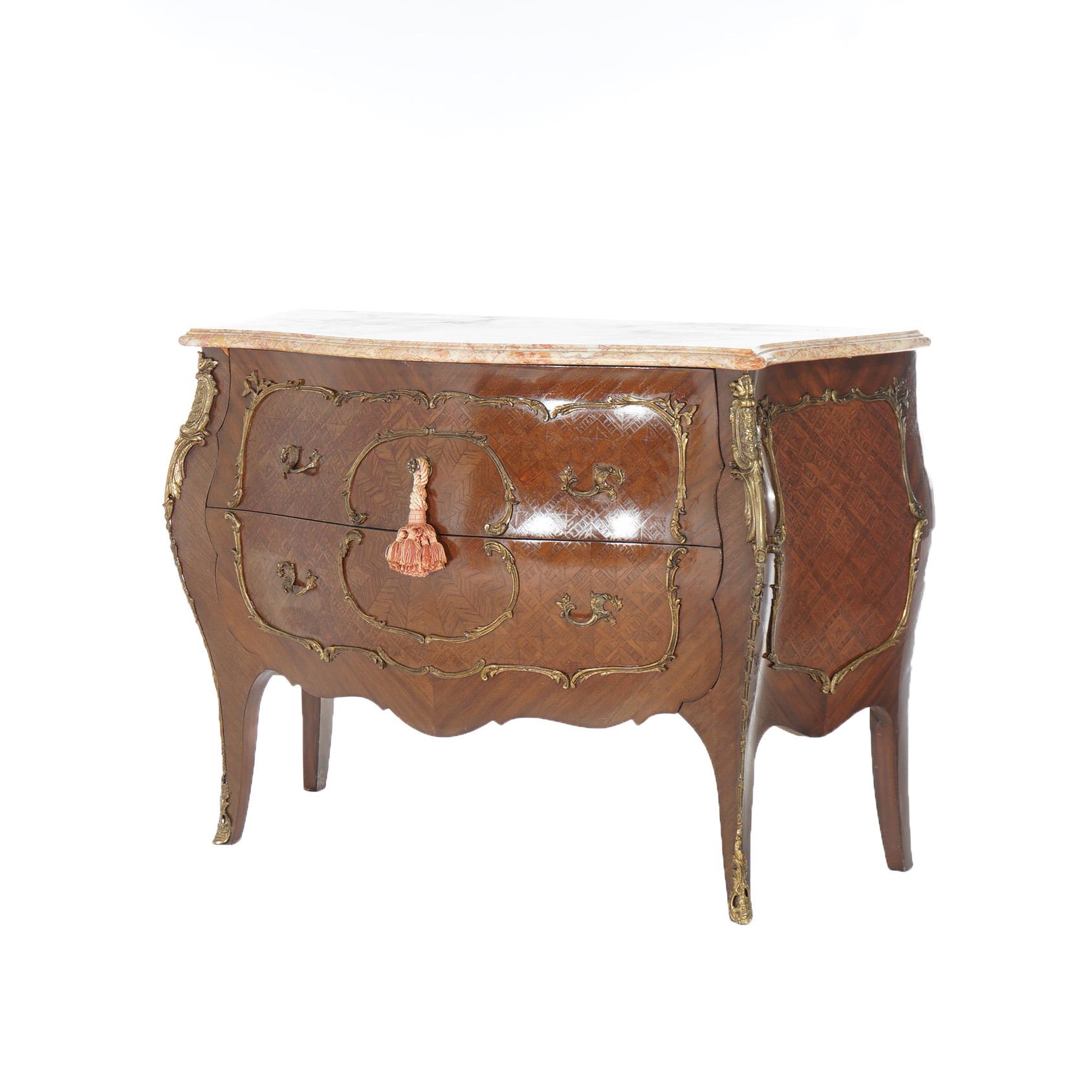 French Antique Louis XIV Style Kingwood & Satinwood Parquetry Marble Top Commode c1920 For Sale
