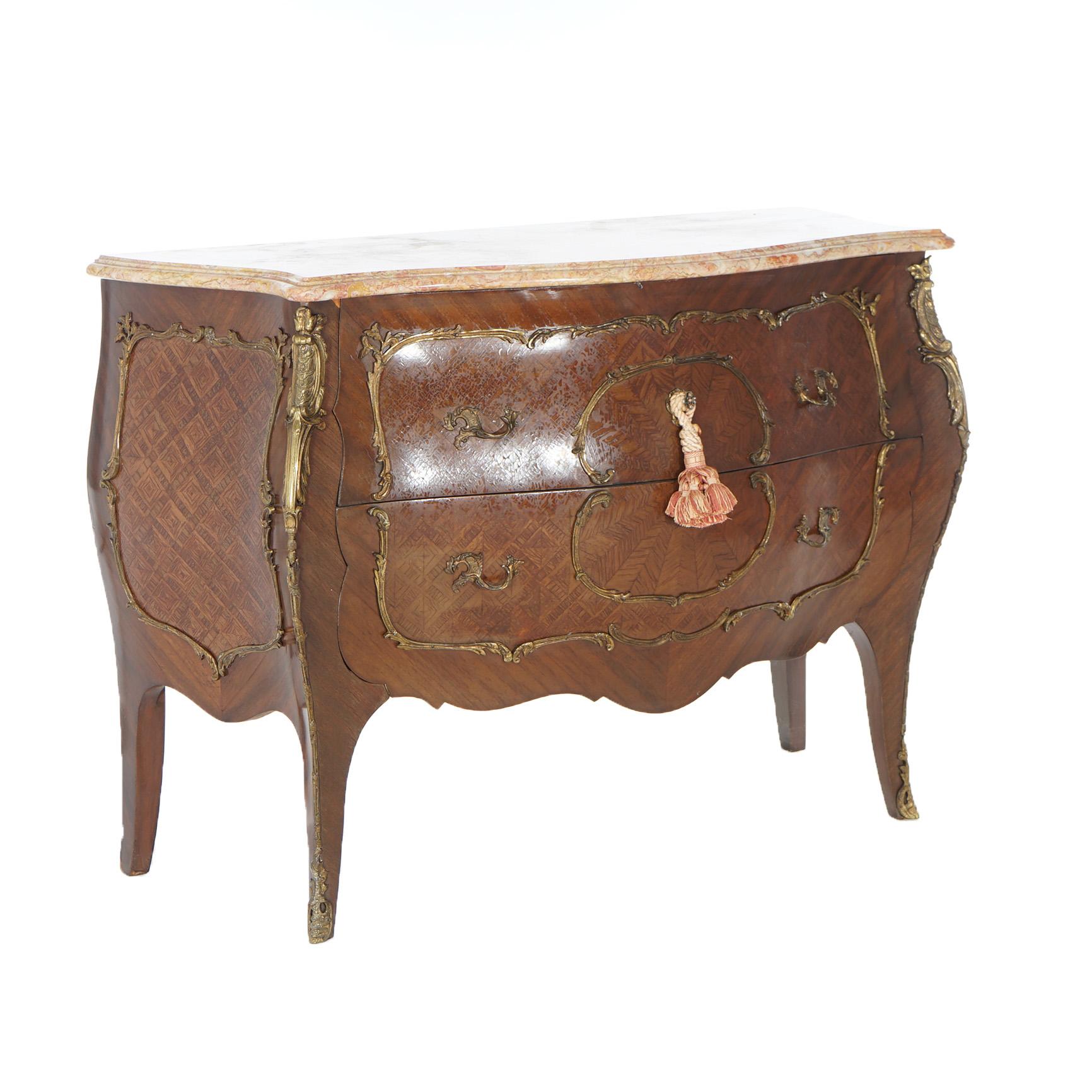 Antique Louis XIV Style Kingwood & Satinwood Parquetry Marble Top Commode c1920 In Good Condition For Sale In Big Flats, NY