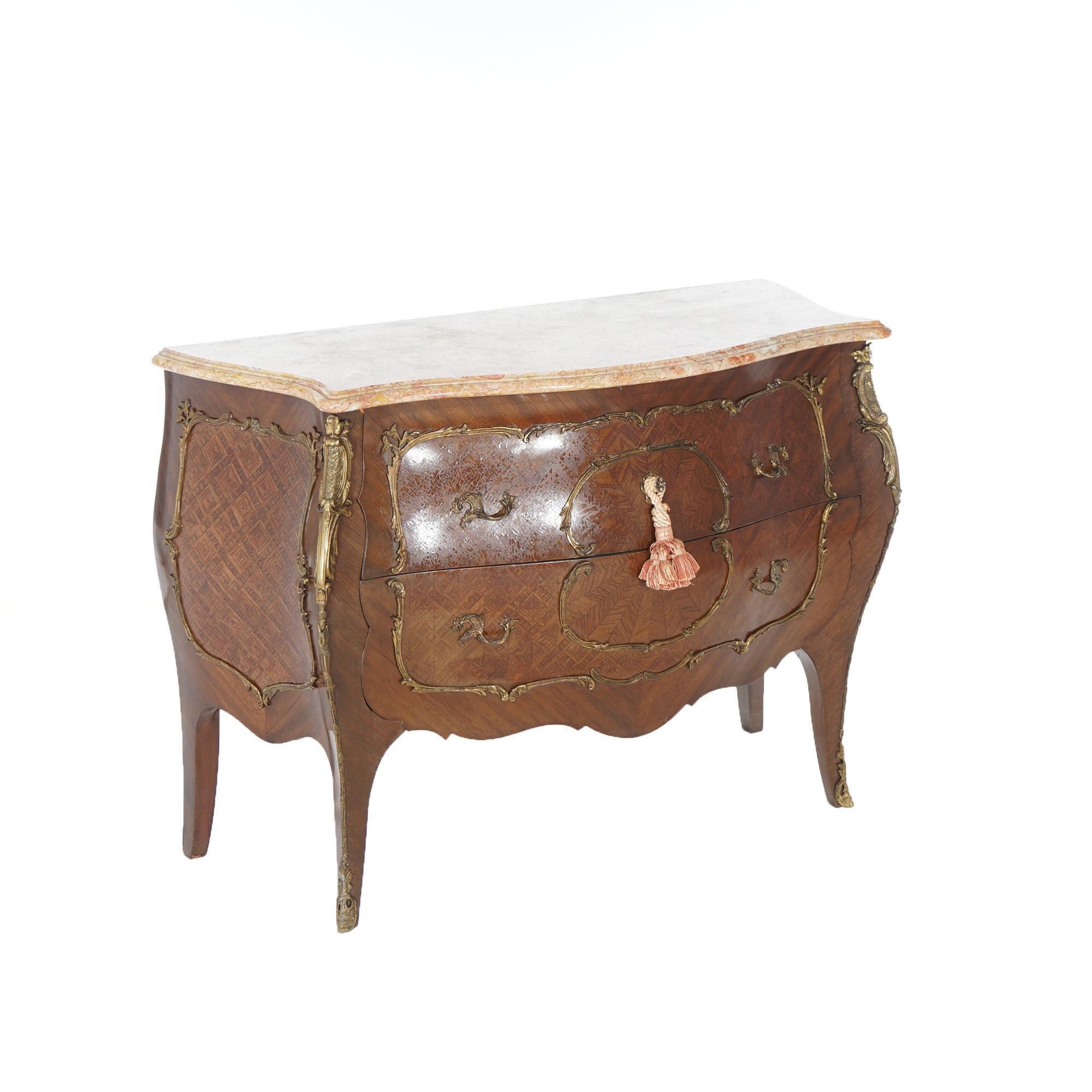 20th Century Antique Louis XIV Style Kingwood & Satinwood Parquetry Marble Top Commode c1920 For Sale