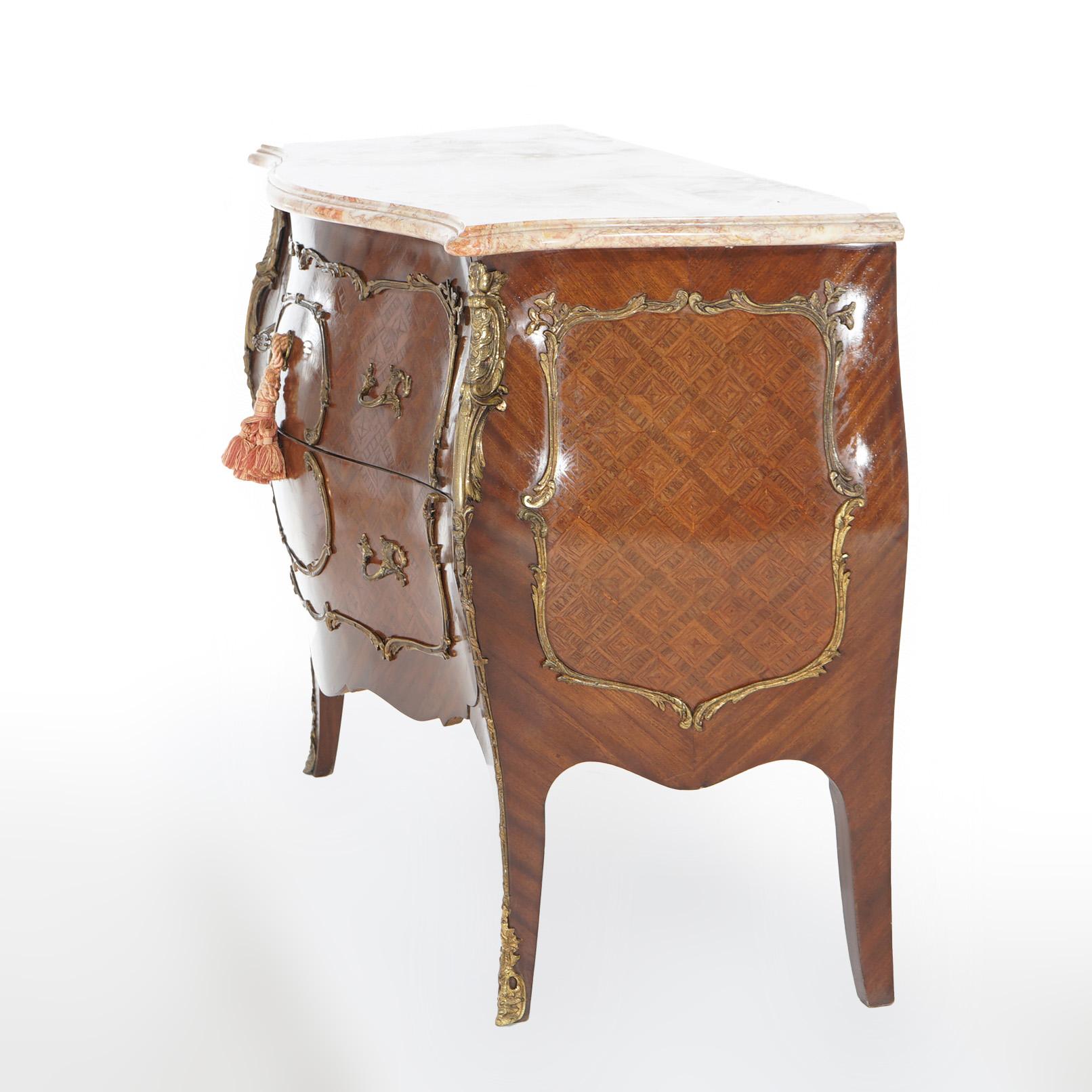 Ormolu Antique Louis XIV Style Kingwood & Satinwood Parquetry Marble Top Commode c1920 For Sale
