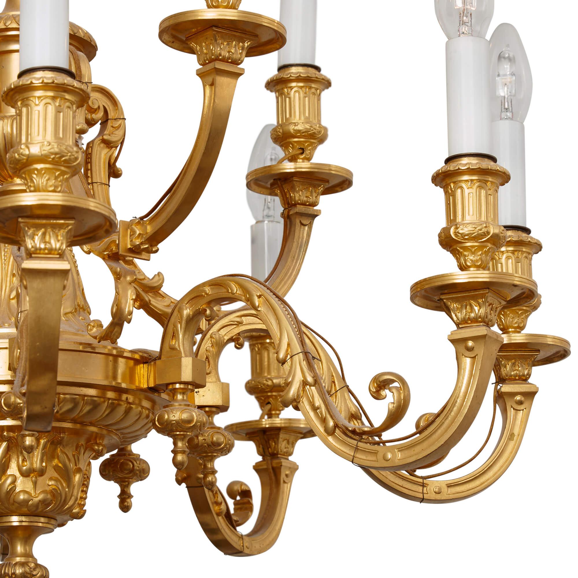 Antique Louis XIV-style ormolu chandelier by Barbedienne
French, Late 19th Century 
Height 100cm, diameter 75cm

This superb chandelier is crafted by Ferdinand Barbedienne, one of the finest metalworkers of the 19th century. The chandelier features