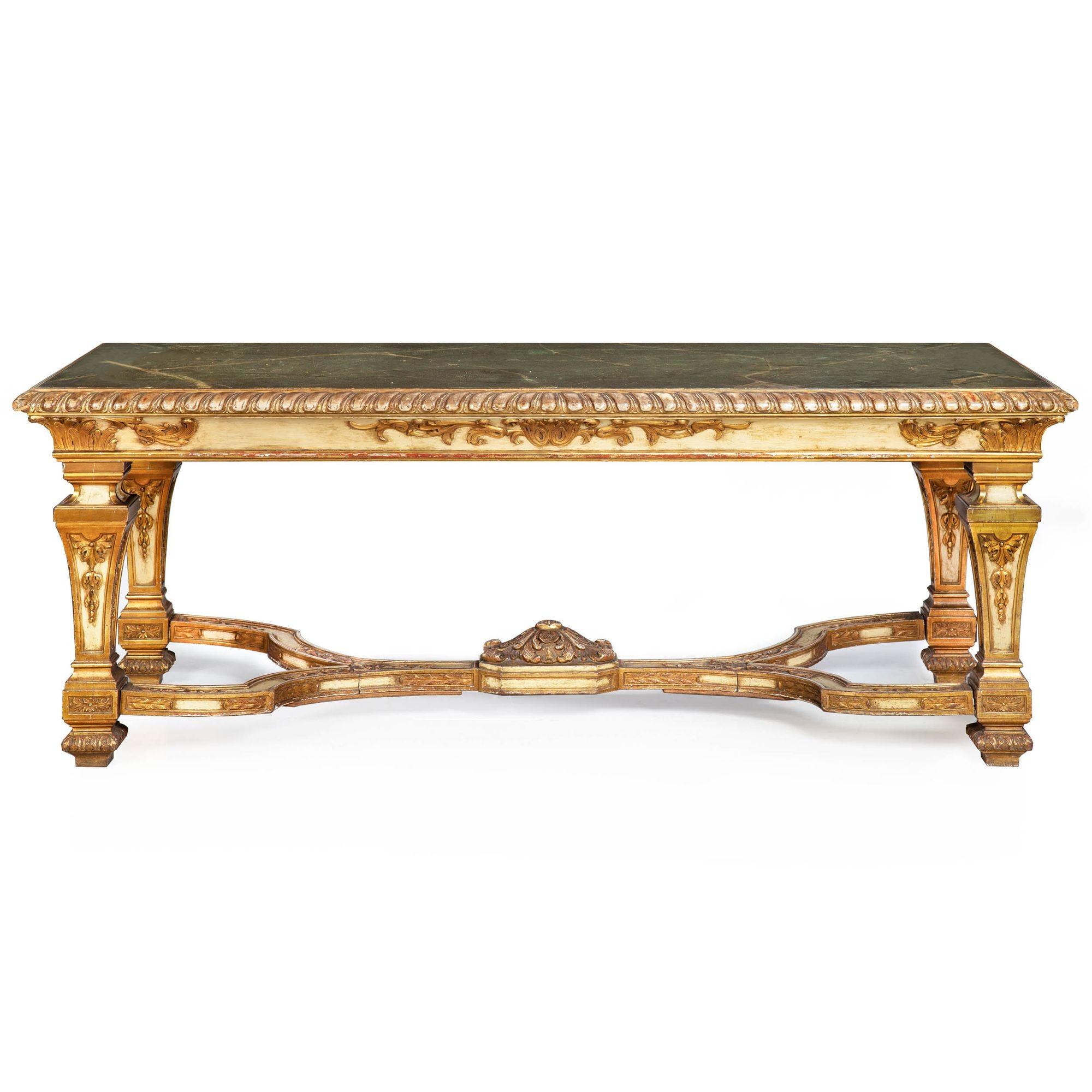 LARGE LOUIS XIV STYLE FAUX-MARBLE POLYCHROMED AND PARCEL GILDED CENTER TABLE
Continental, circa 1900
Item # 403PZN18S

A large and striking center table made in the Louis XIV style from the turn of the century, it features a mottled green