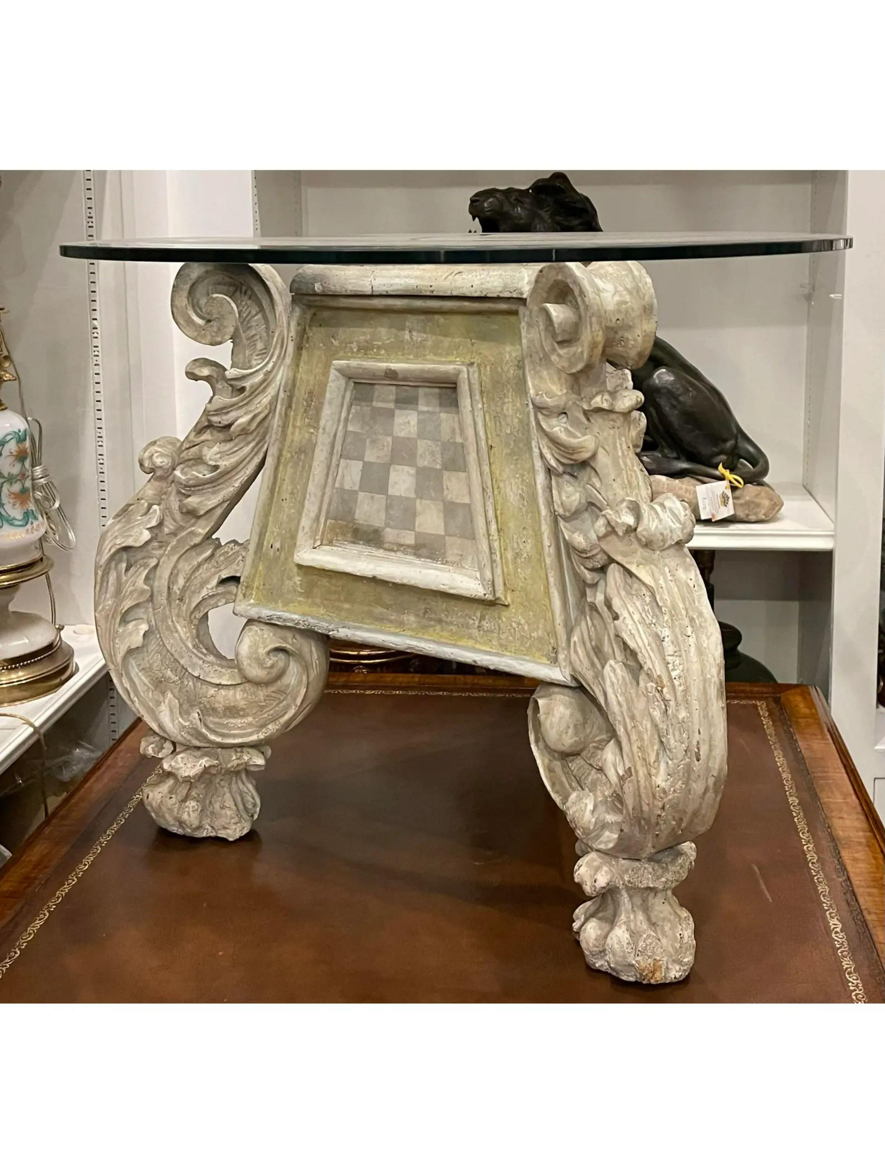 Antique early 18th century Louis XIV style triangular side table. Each side is painted in different checkered colors.

Additional information: 
Materials: Paint
Color: Light gray
Period: 18th century
Styles: Louis XIV
Table shape: Other