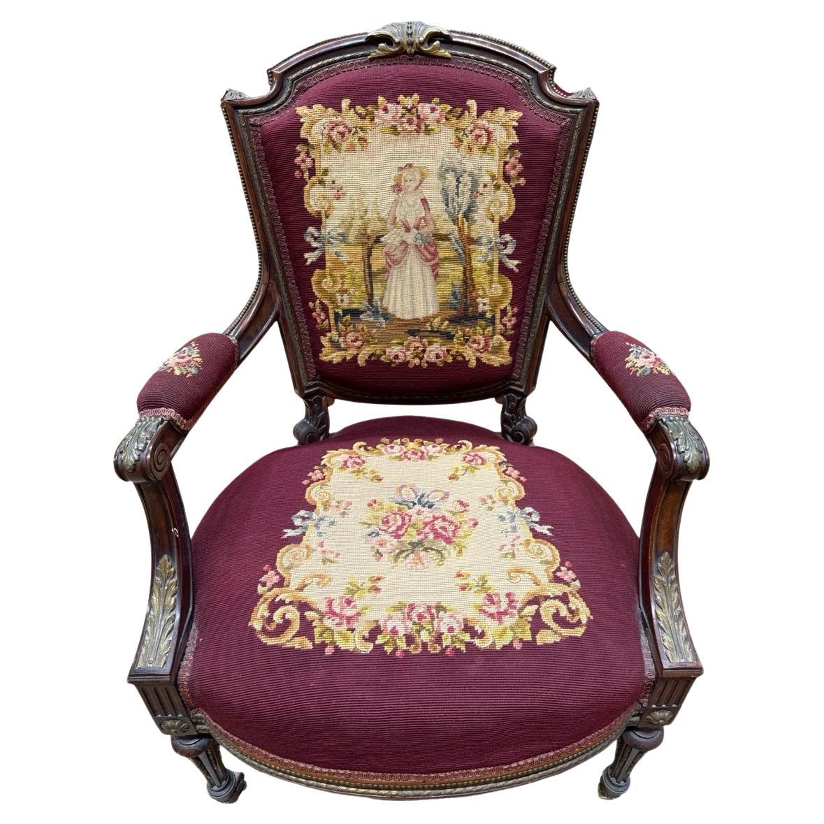 Antique Louis XV Armchair, Burgundy Aubusson Tapestry For Sale