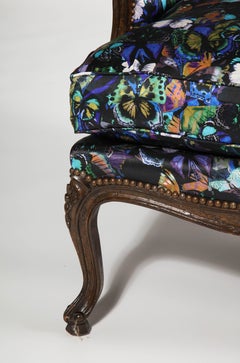 Antique Louis XV Bergère Chairs in Valentino Butterfly Silk, Pair