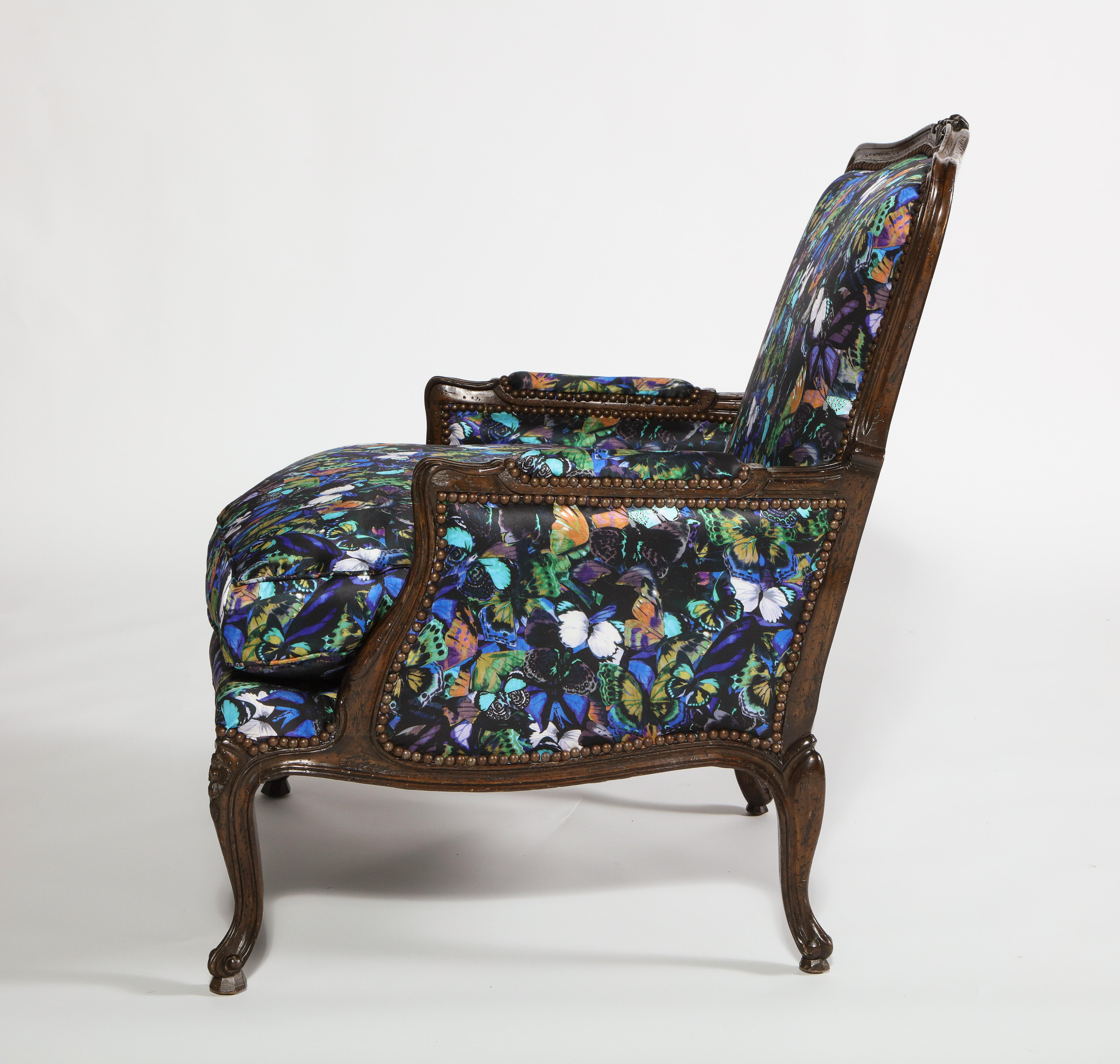 19th Century Antique Louis XV Bergère Chairs in Valentino Butterfly Silk, Pair For Sale