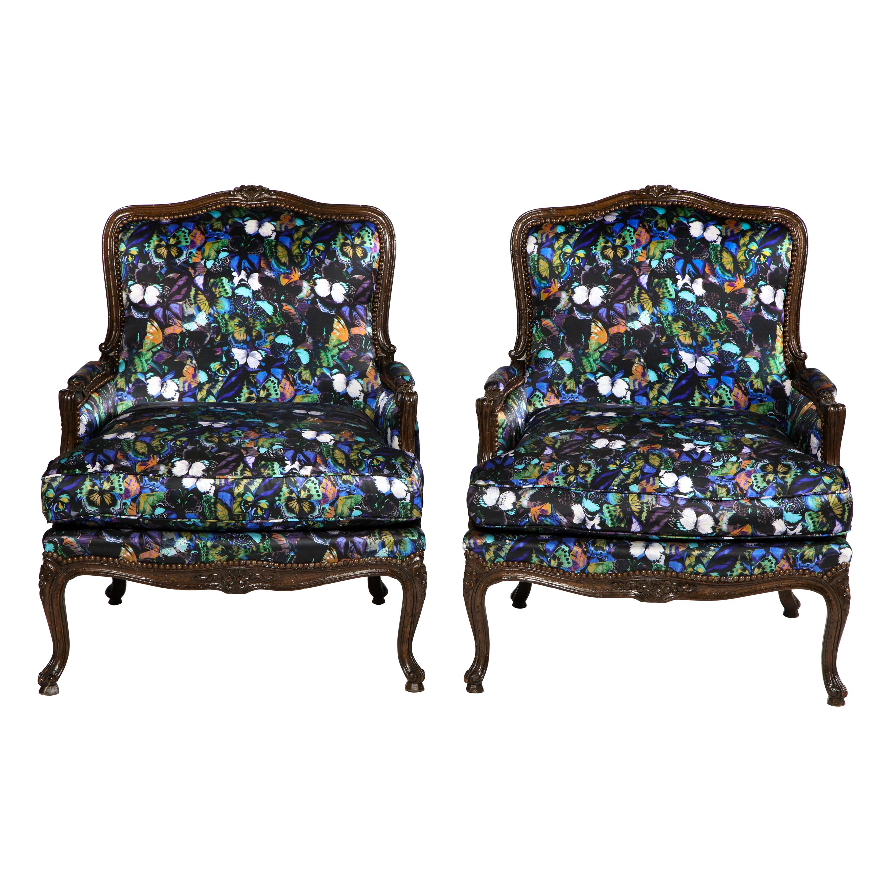 Antique Louis XV Bergère Chairs in Valentino Butterfly Silk, Pair For Sale