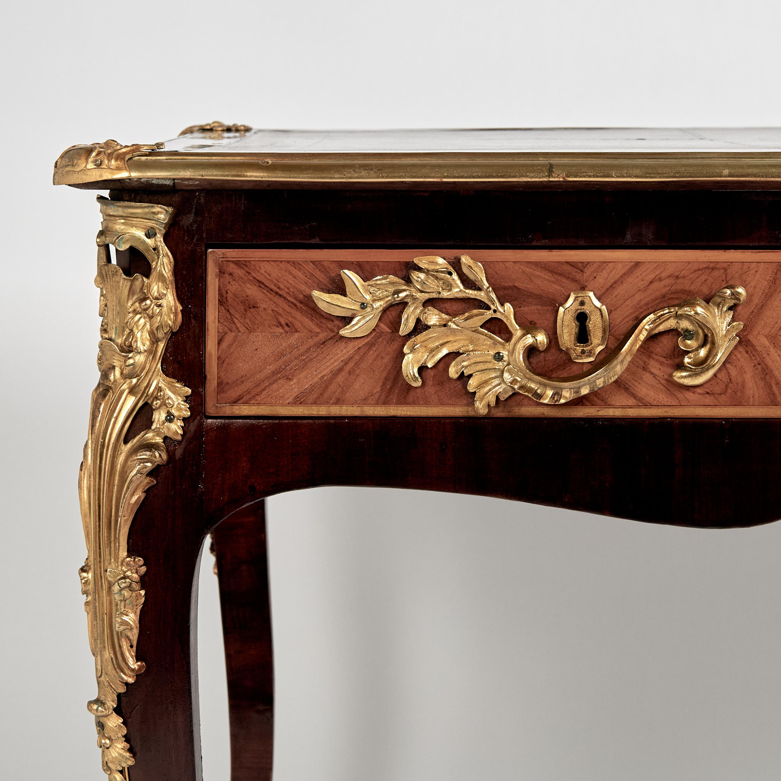Brass Antique Louis XV Bureau Plat or Leather Top Desk For Sale