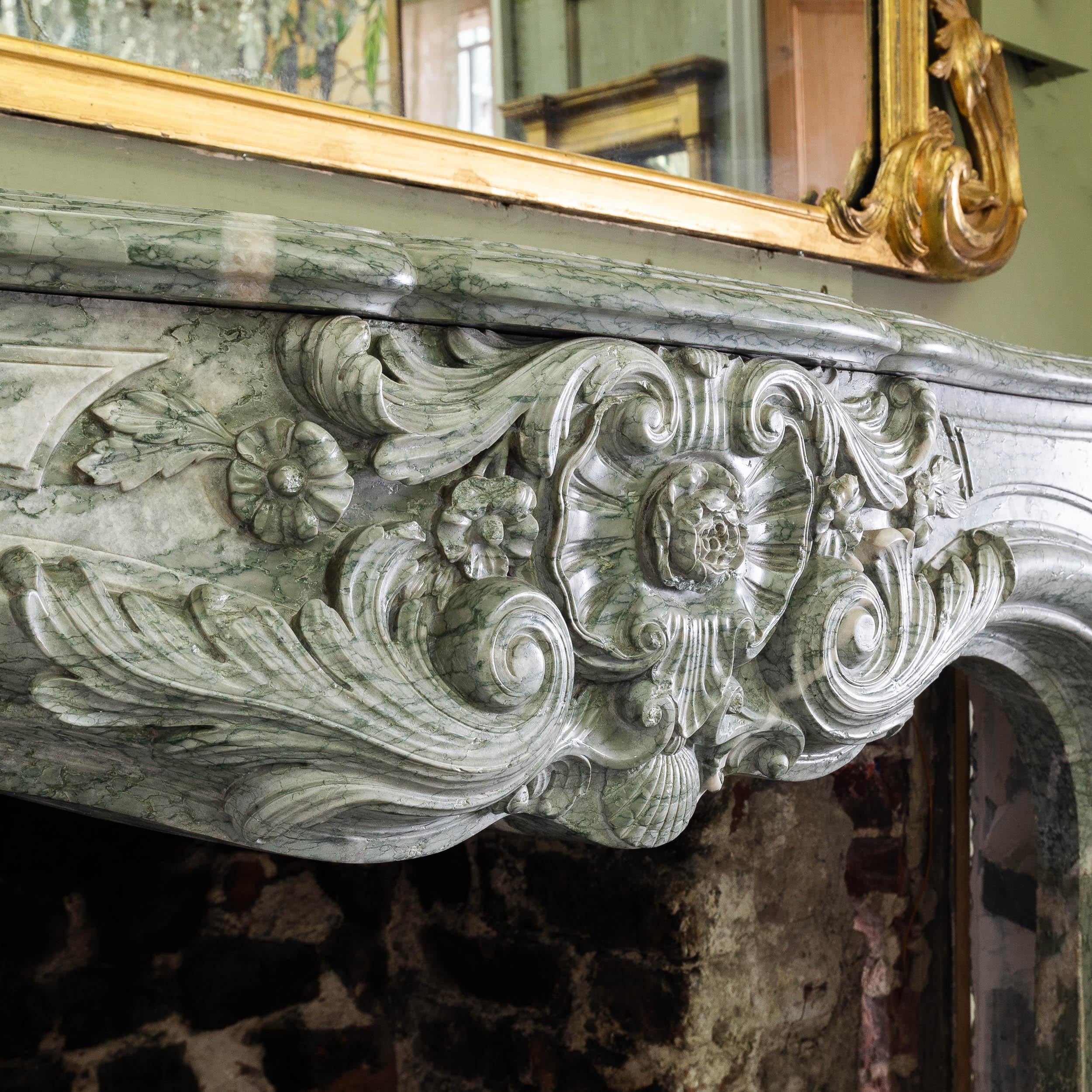 18th Century and Earlier Antique Louis XV Campan Vert Fireplace For Sale