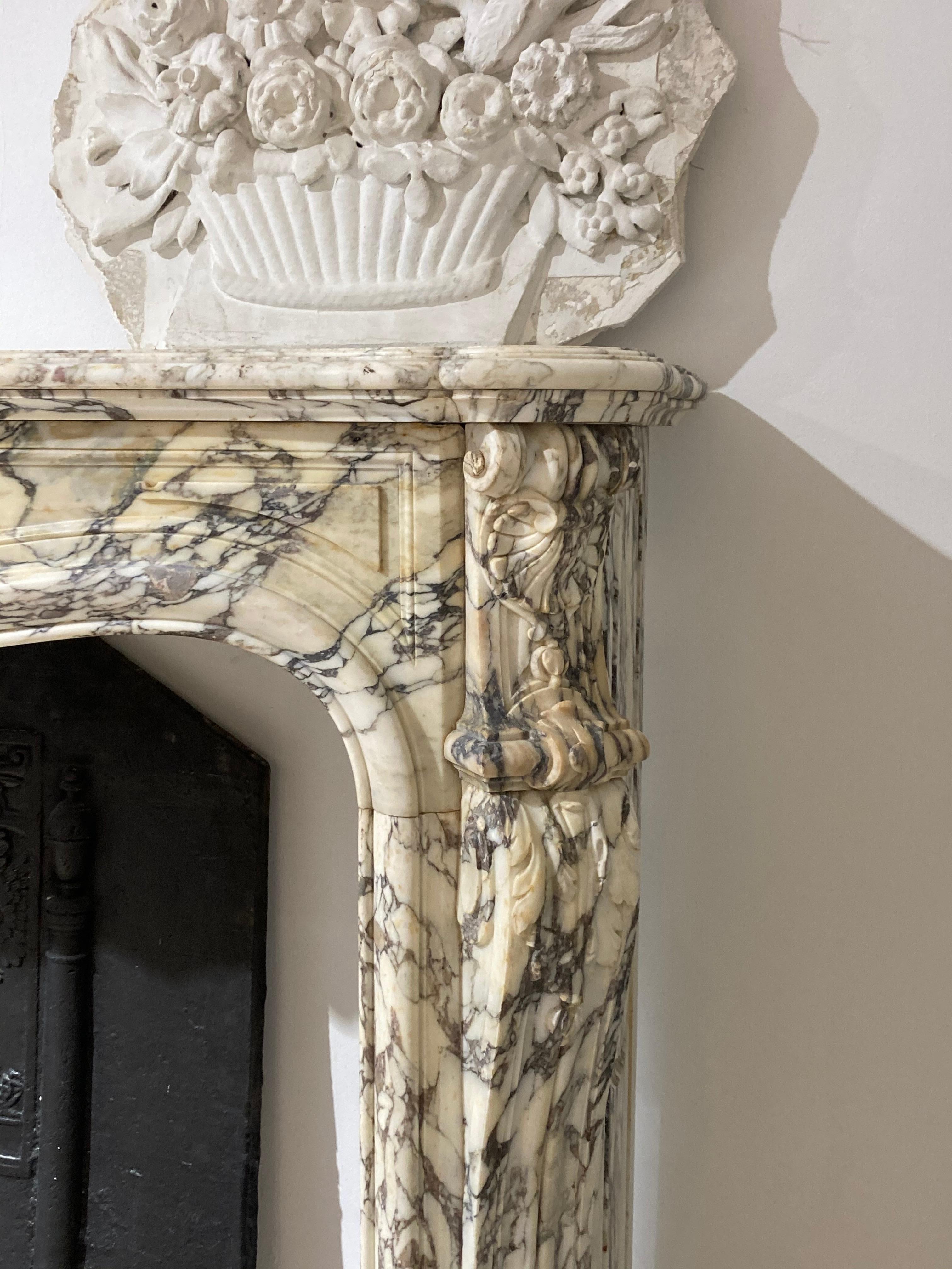 French Antique Louis XV Fireplace Mantel in Striking Breche Marble For Sale