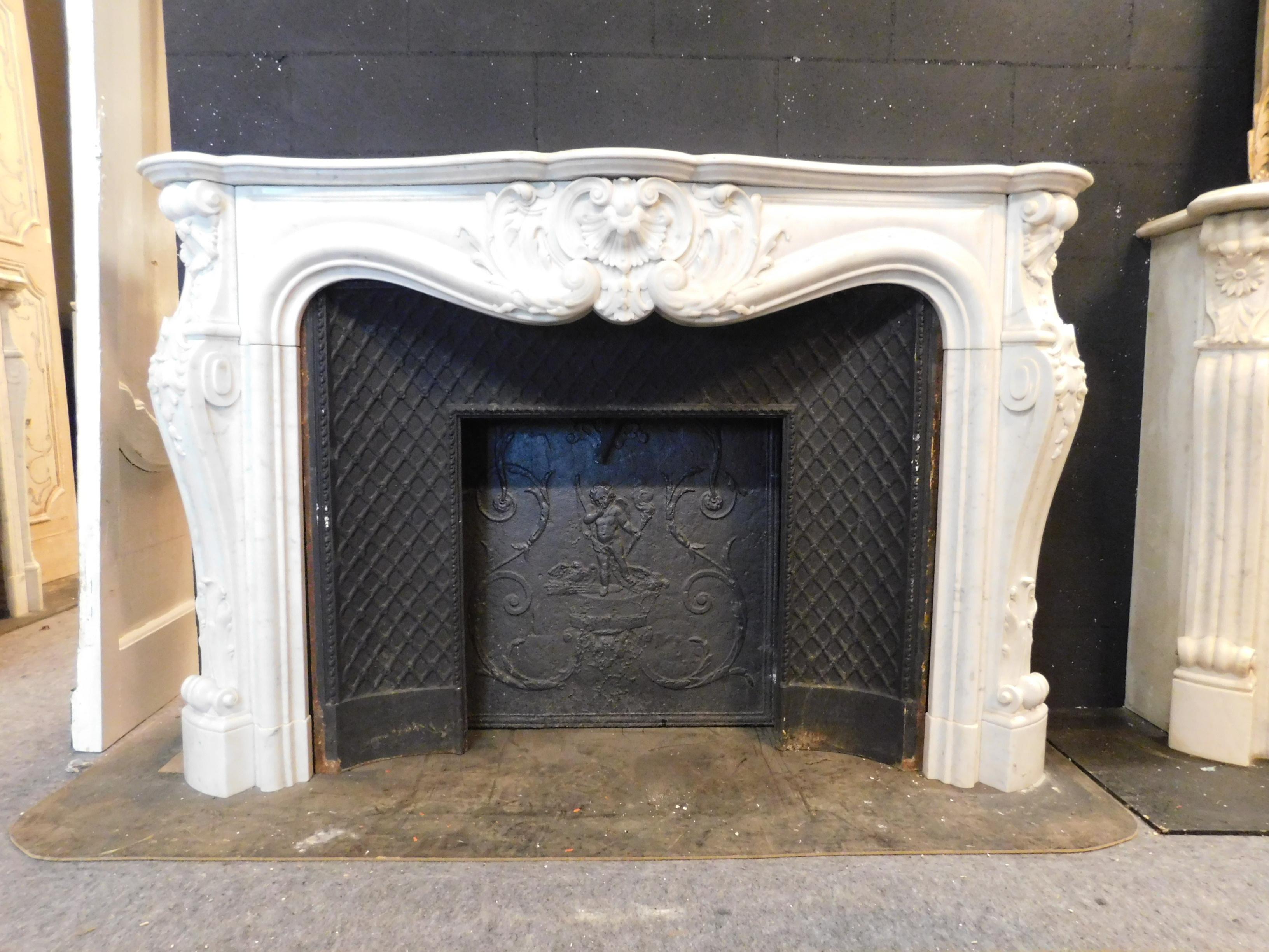 French Antique Louis XV Fireplace, Richly Carved White Marble, 1700 Paris 'France'