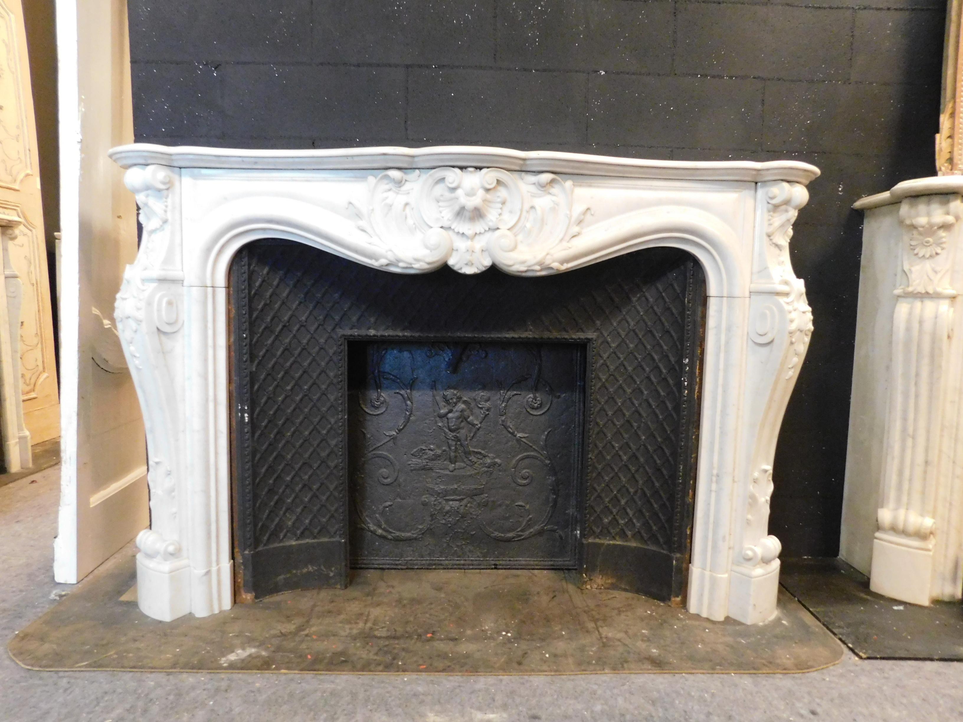 Hand-Carved Antique Louis XV Fireplace, Richly Carved White Marble, 1700 Paris 'France'