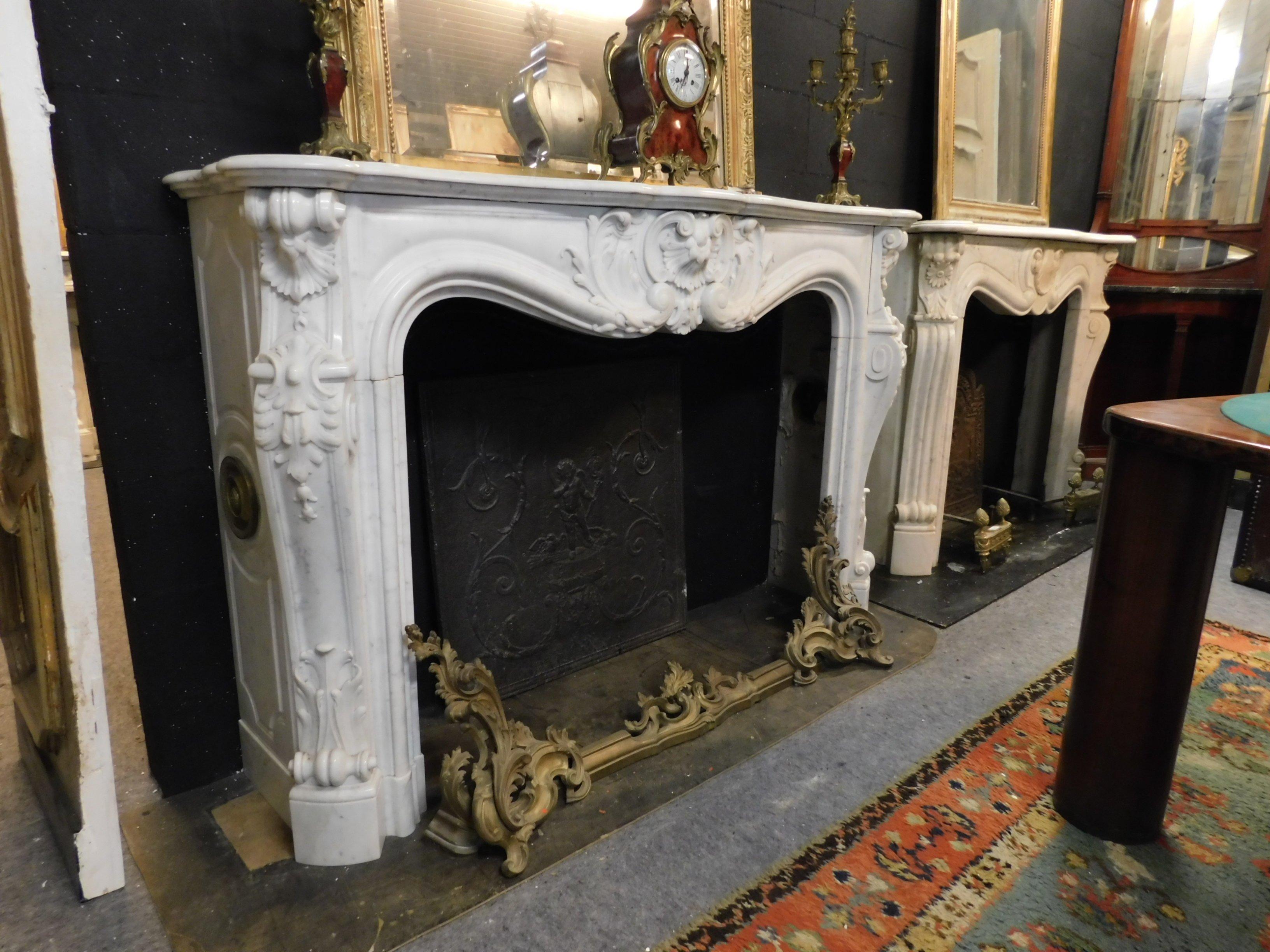 Carrara Marble Antique Louis XV Fireplace, Richly Carved White Marble, 1700 Paris 'France'