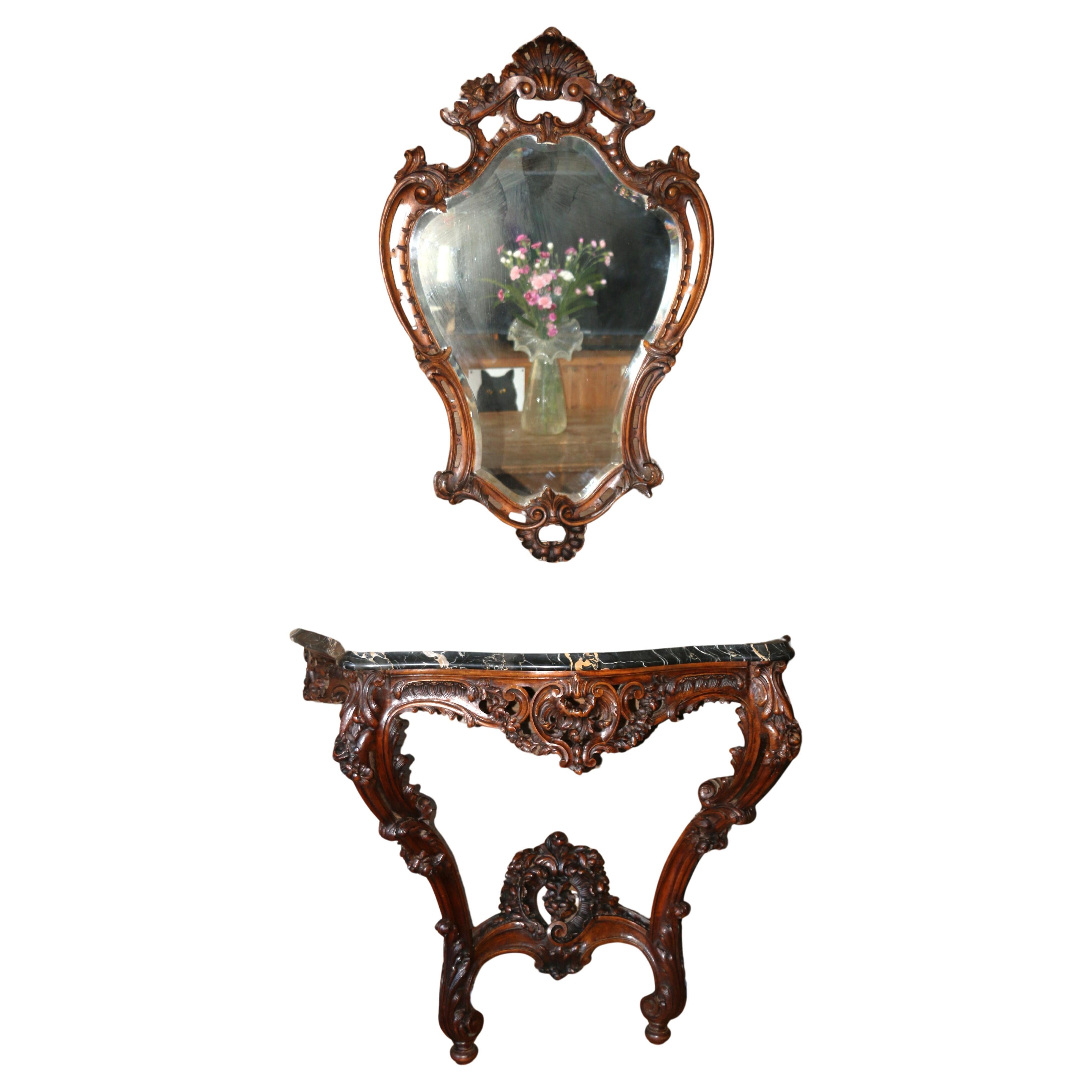 Antique Louis XV French Console Table With Mirror Set