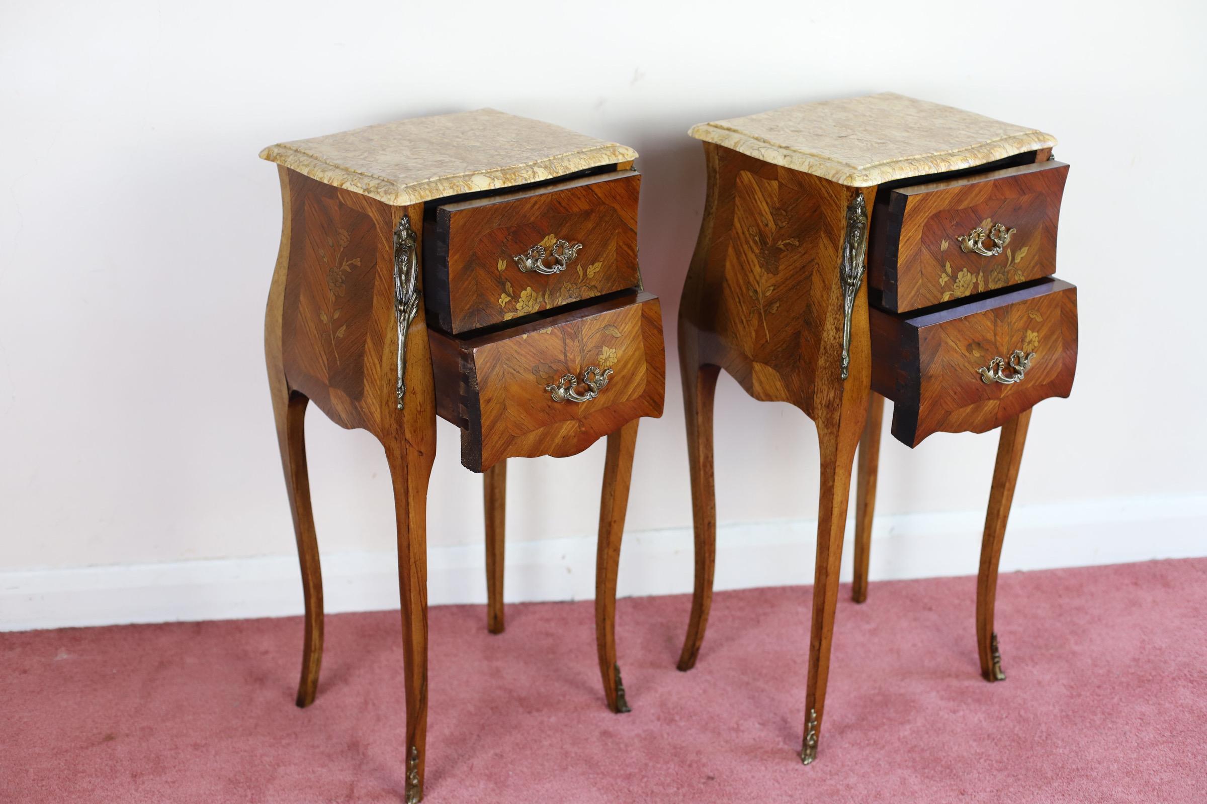 Antique Louis XV French Marquetry Marble Nightstands  For Sale 4