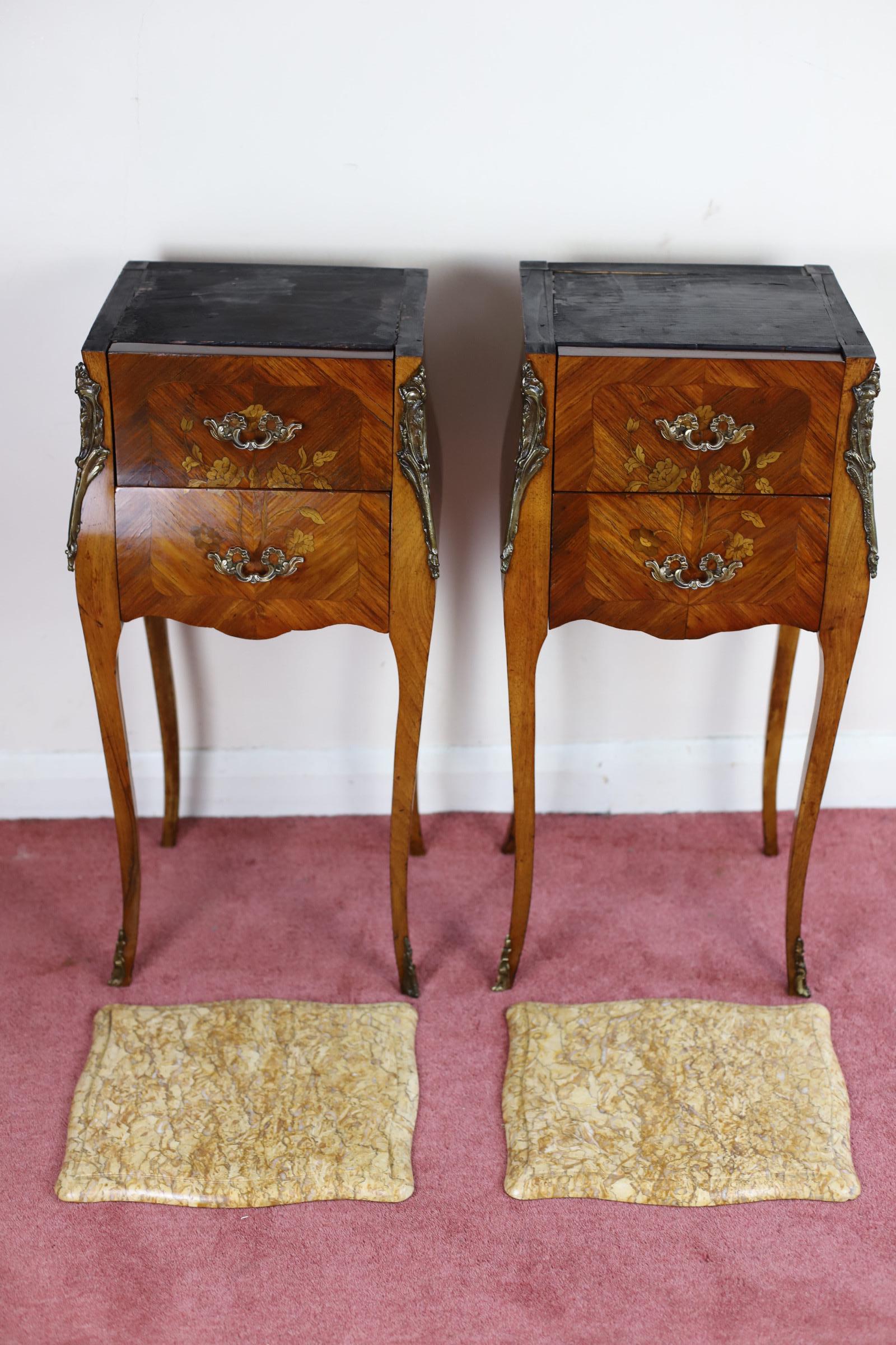Antique Louis XV French Marquetry Marble Nightstands  For Sale 13
