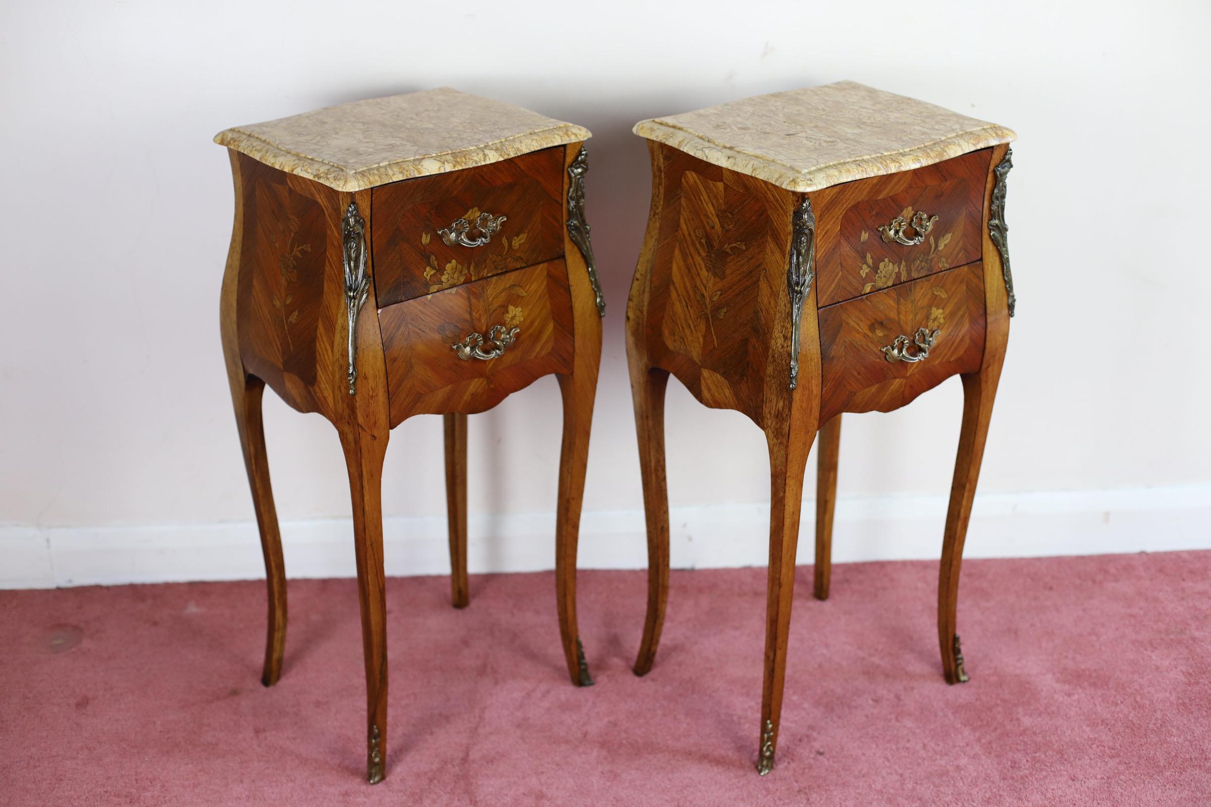 British Antique Louis XV French Marquetry Marble Nightstands  For Sale