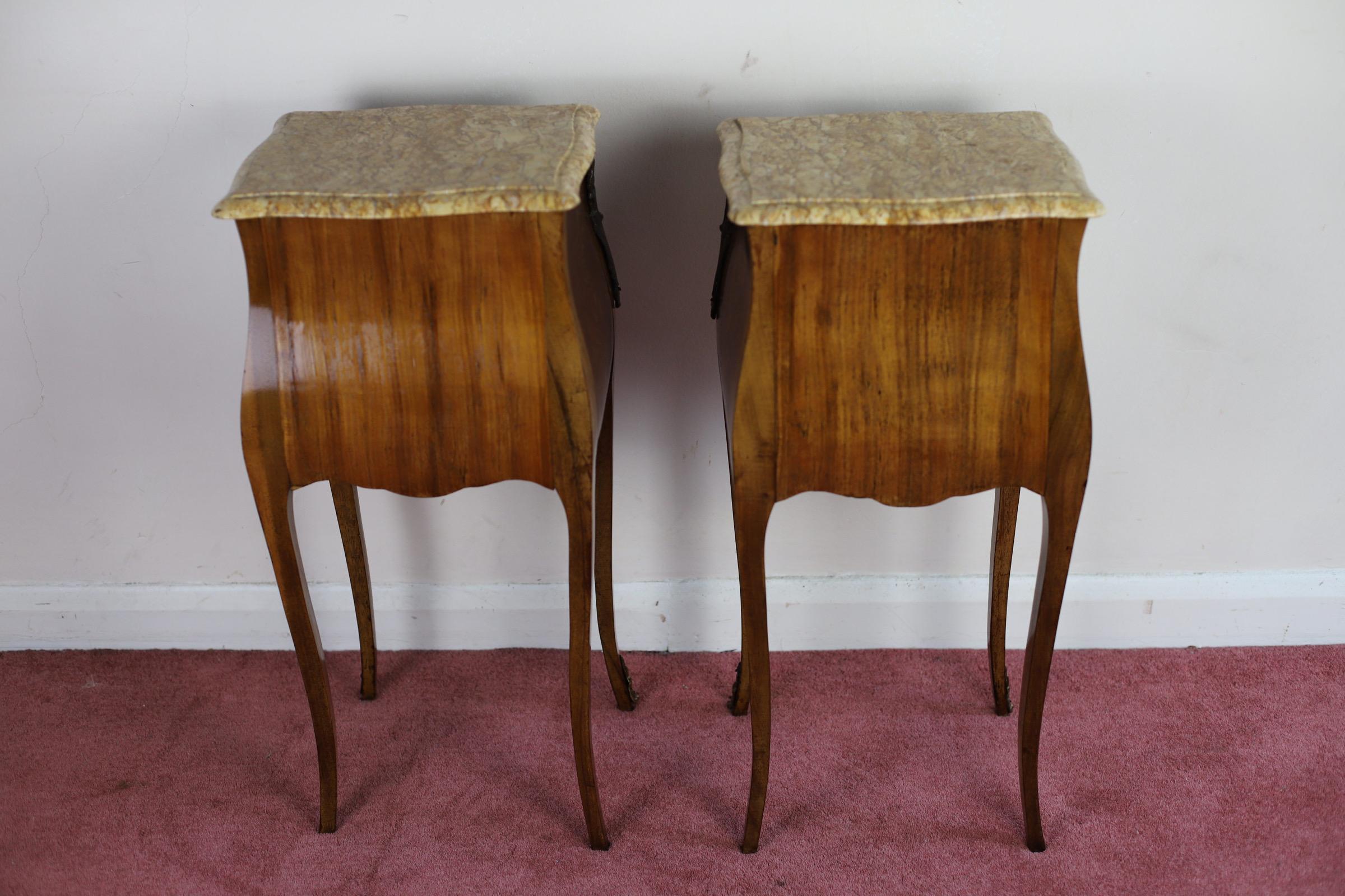 20th Century Antique Louis XV French Marquetry Marble Nightstands  For Sale