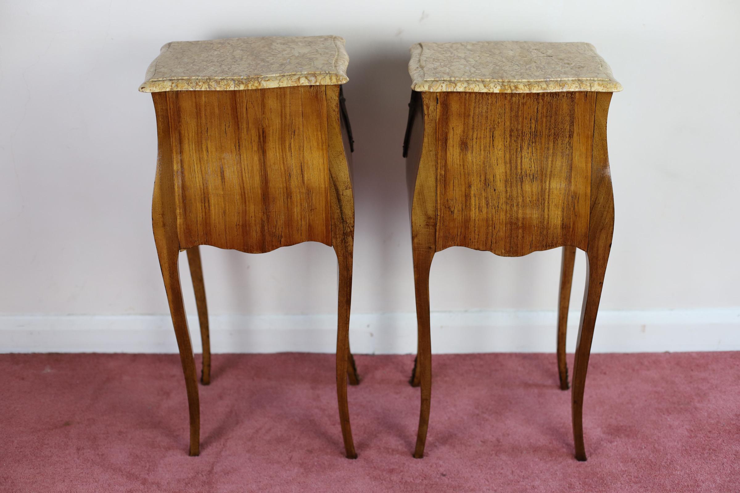 Brass Antique Louis XV French Marquetry Marble Nightstands  For Sale
