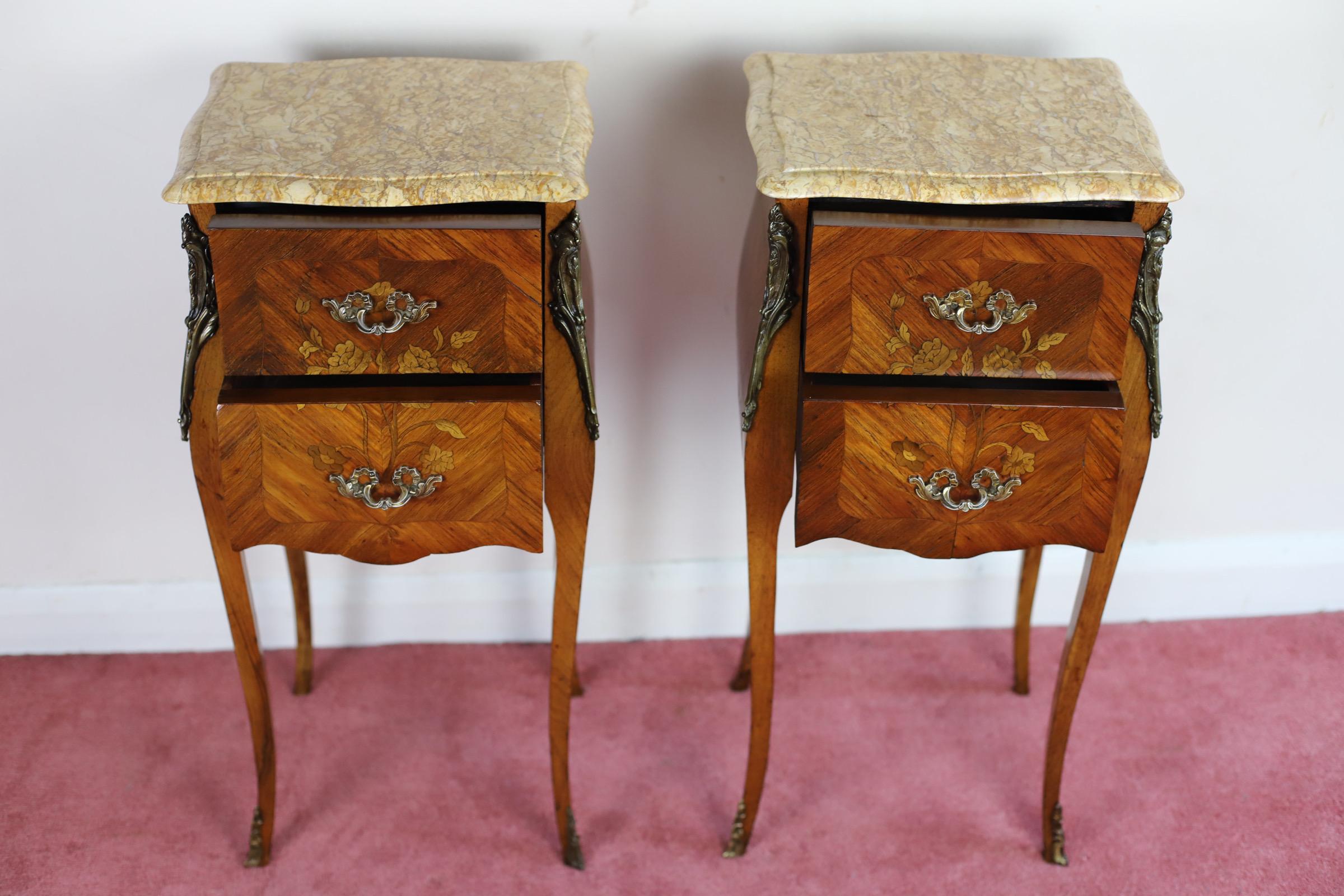 Antique Louis XV French Marquetry Marble Nightstands  For Sale 1