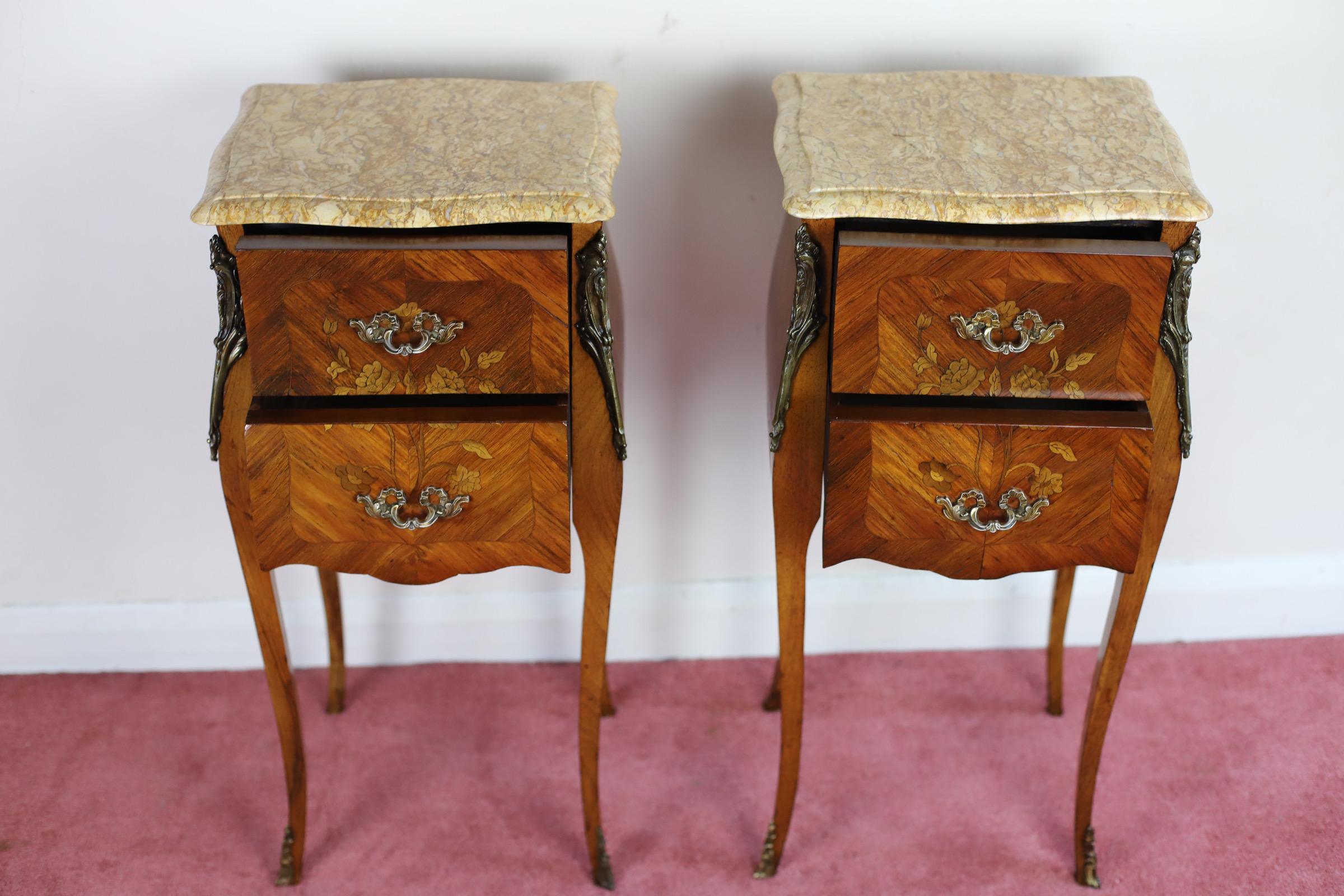 Antique Louis XV French Marquetry Marble Nightstands  For Sale 2