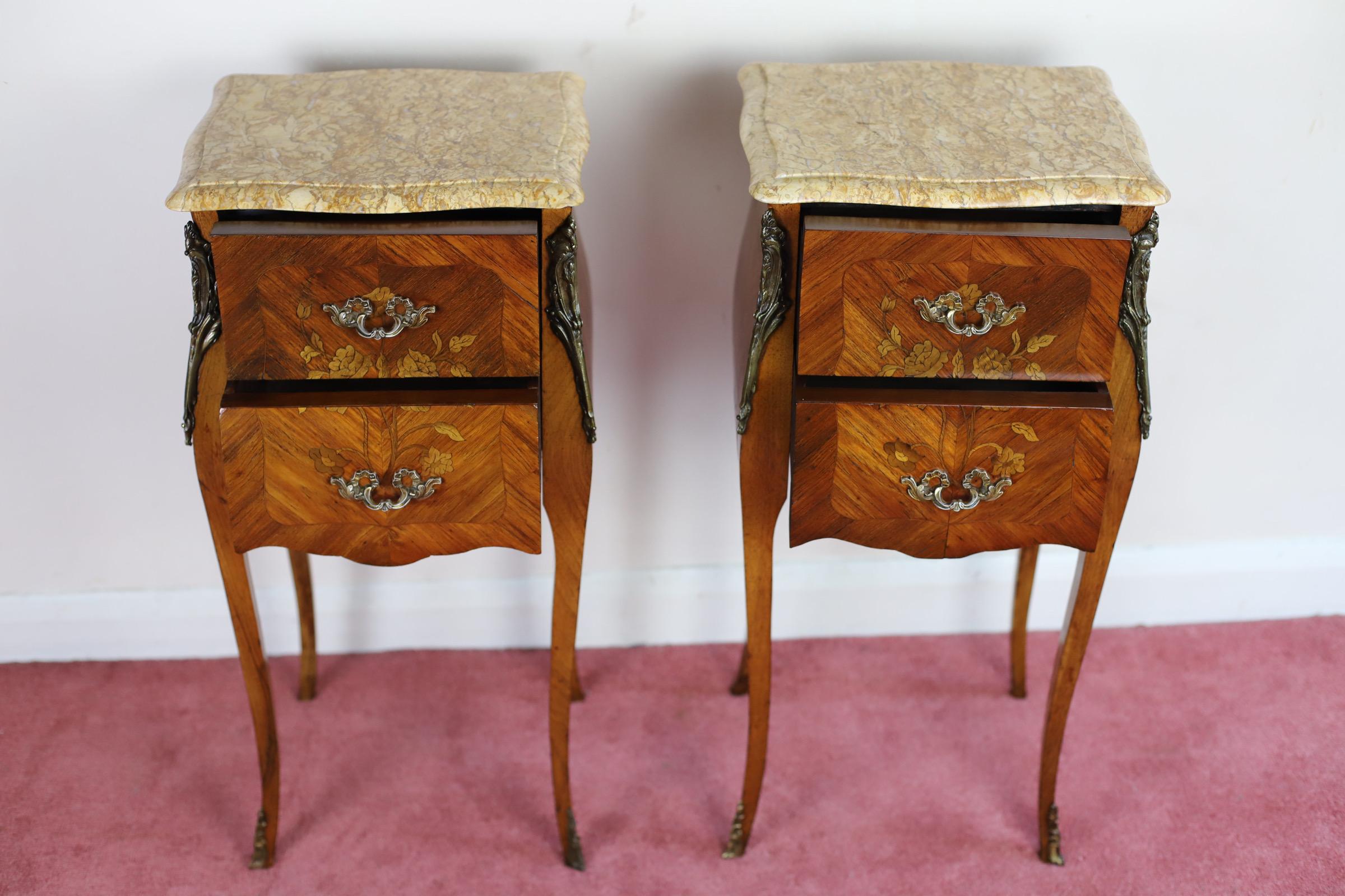 Antique Louis XV French Marquetry Marble Nightstands  For Sale 3