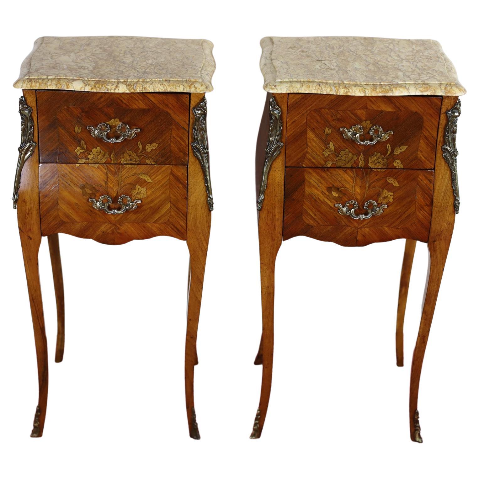 Antique Louis XV French Marquetry Marble Nightstands 