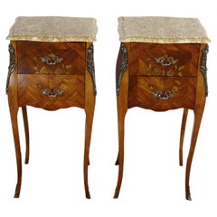 Vintage Louis XV French Marquetry Marble Nightstands 