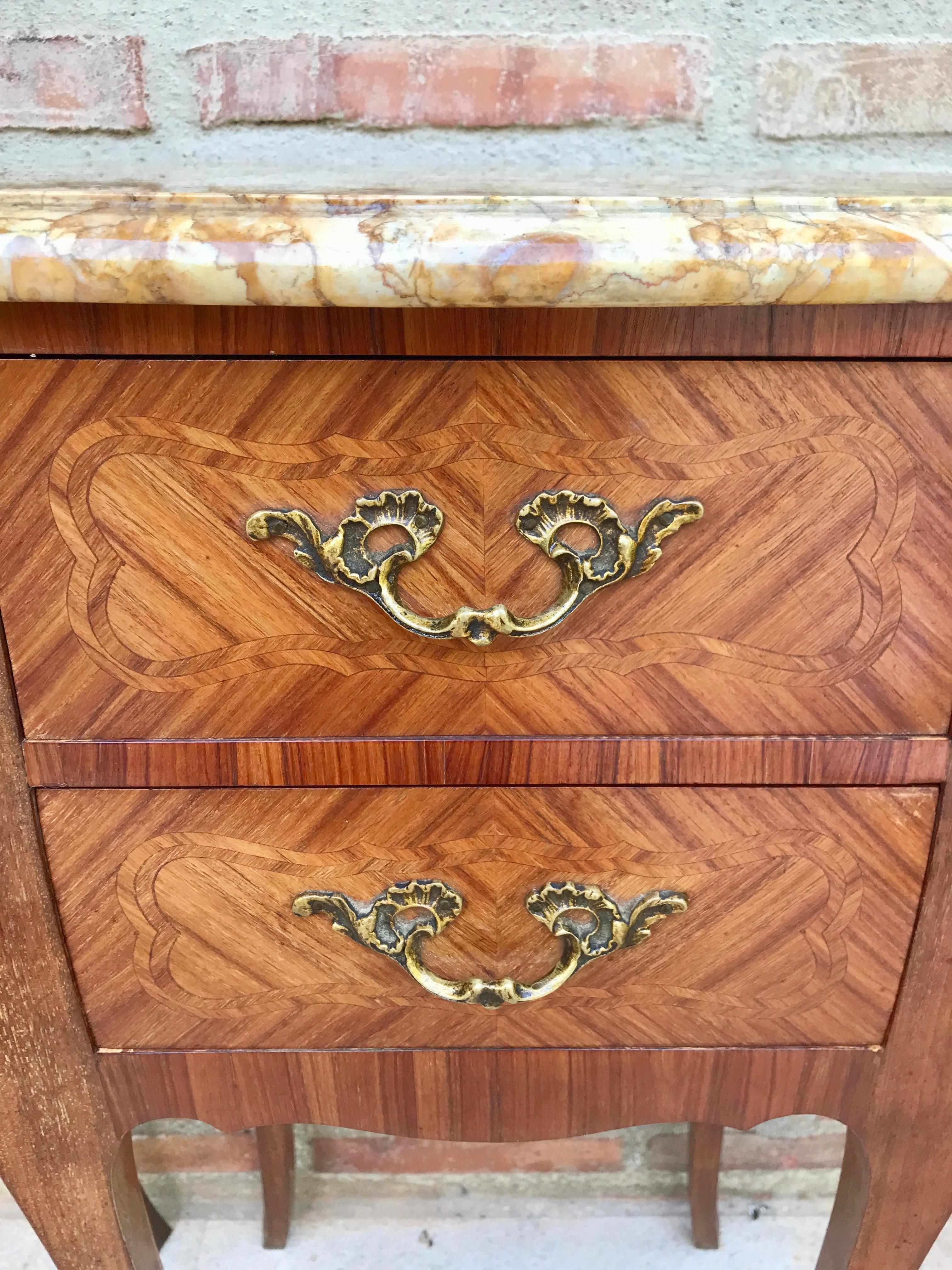 Antique Louis XV French Marquetry Marble Top Nightstands, Set of 2 For Sale 3