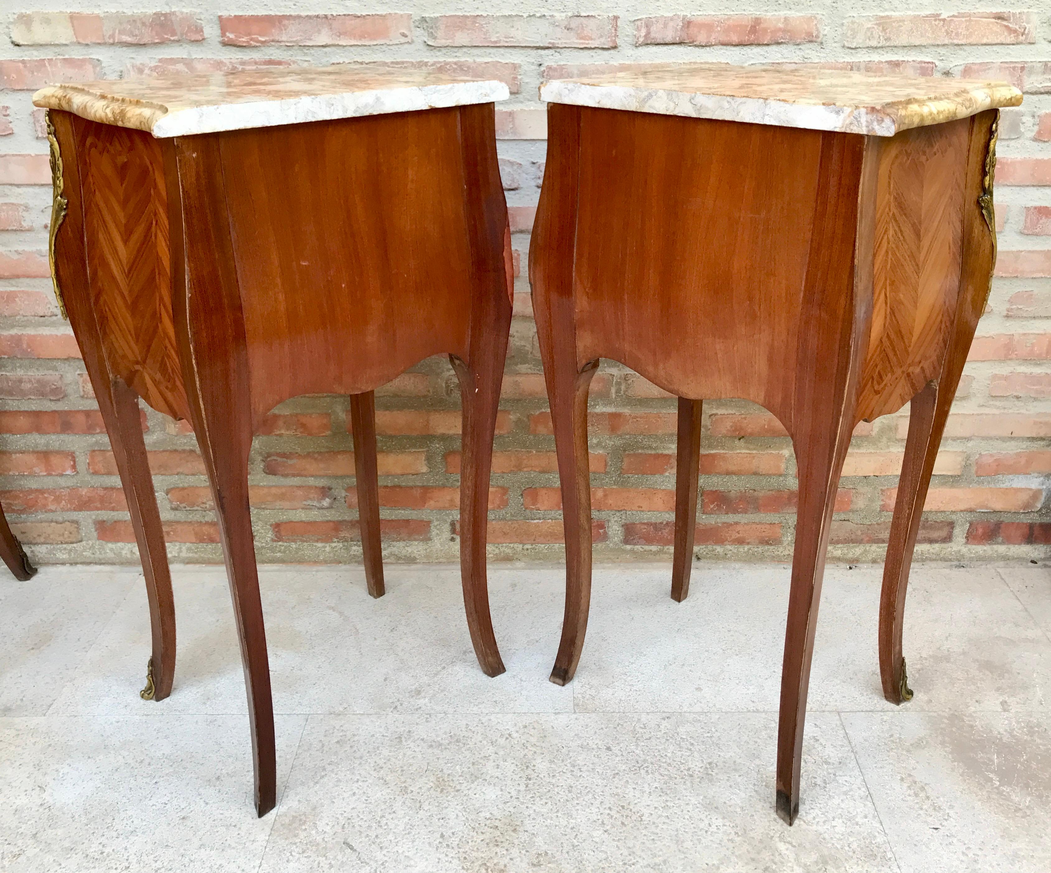 Antique Louis XV French Marquetry Marble Top Nightstands, Set of 2 For Sale 4