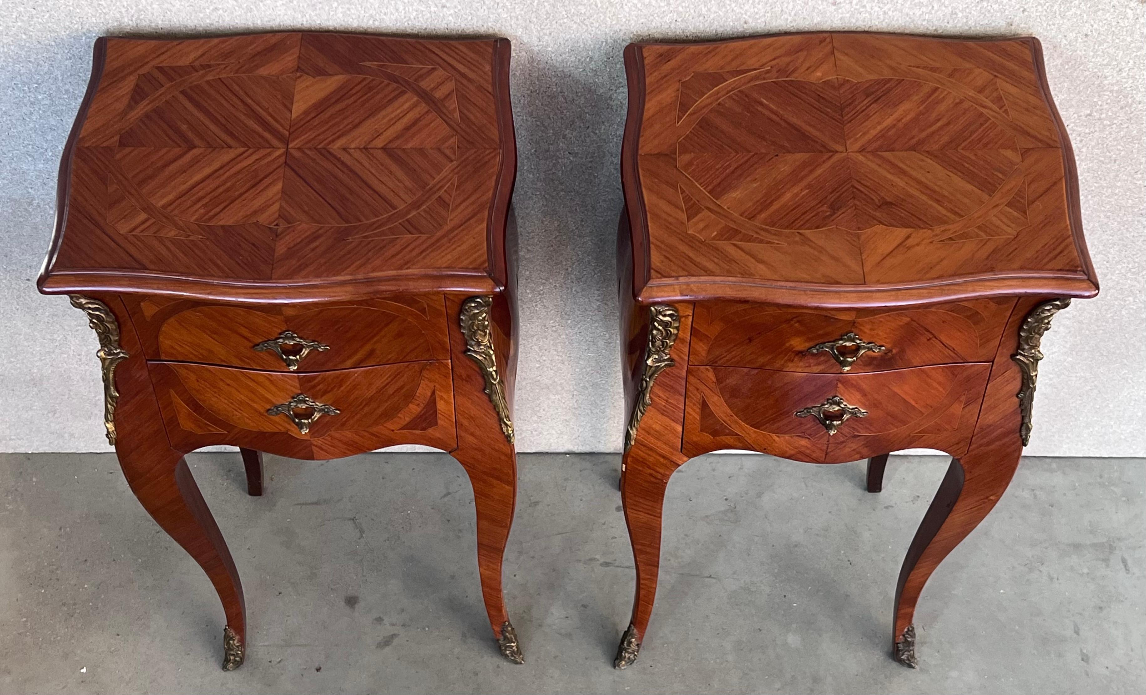 French Provincial Antique Louis XV French Marquetry with Drawers Nightstands, Set of 2 For Sale