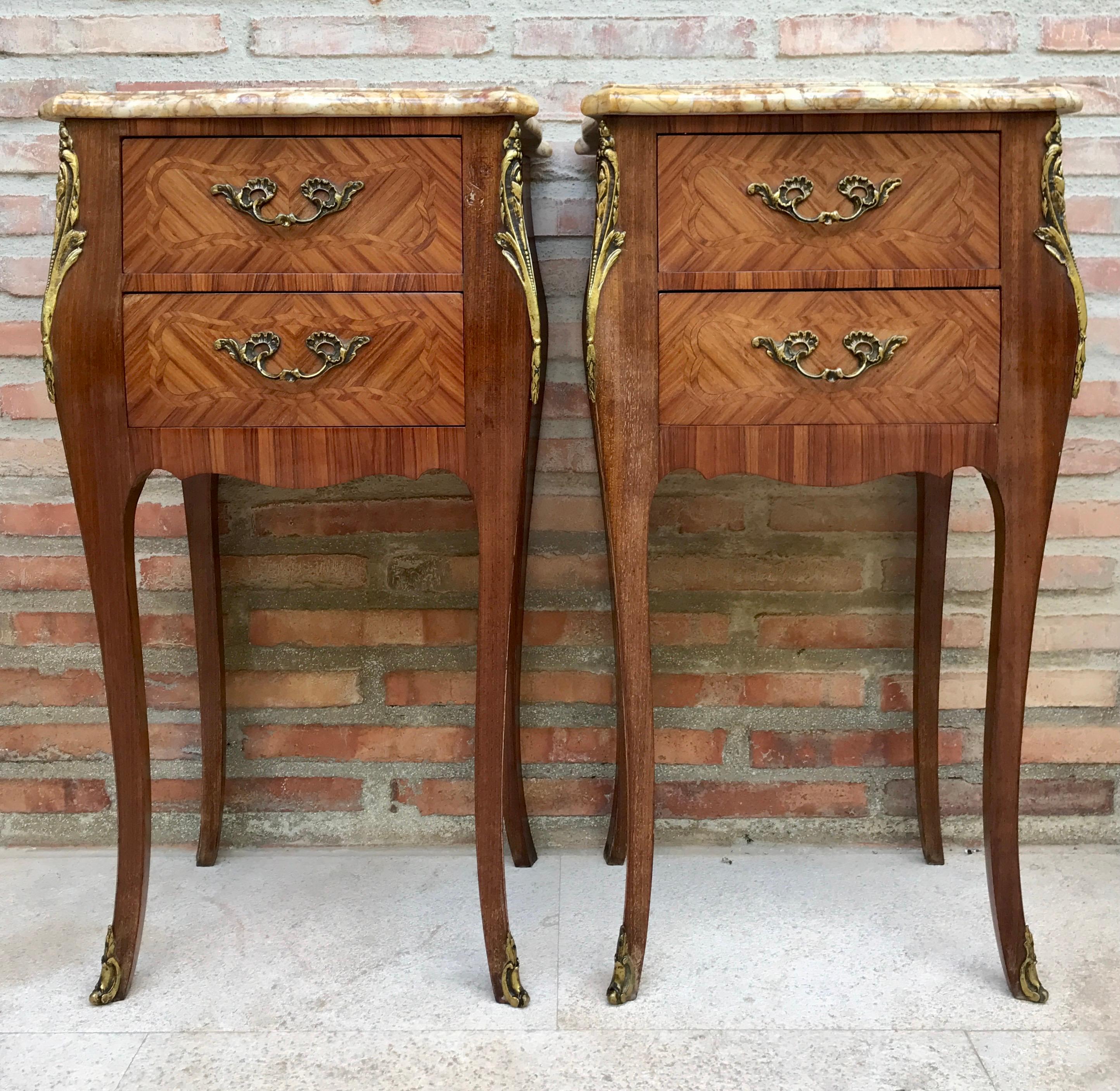 French Provincial Antique Louis XV French Marquetry Marble Top Nightstands, Set of 2 For Sale