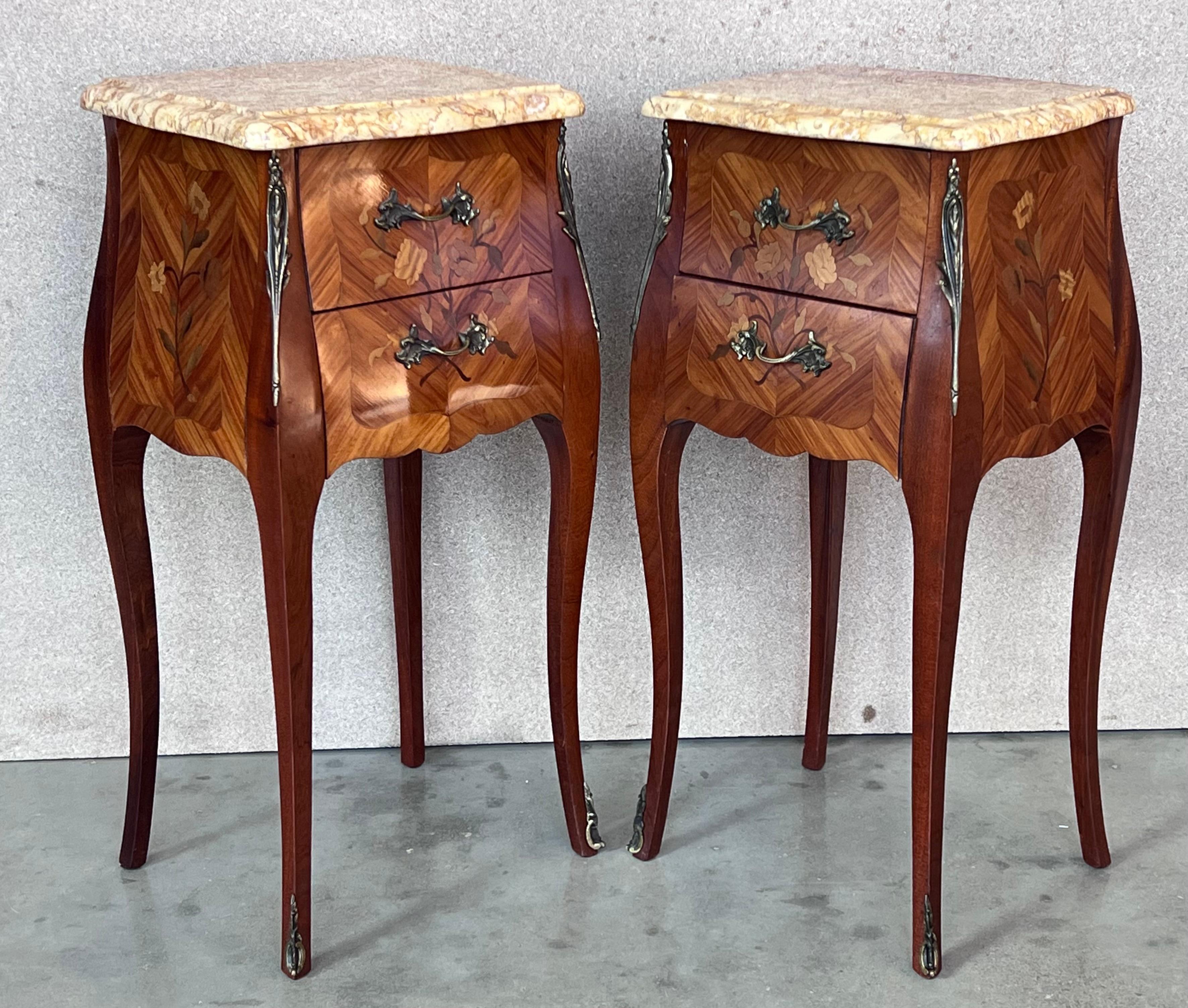 French Provincial Antique Louis XV French Marquetry Marble Top Nightstands, Set of 2 For Sale