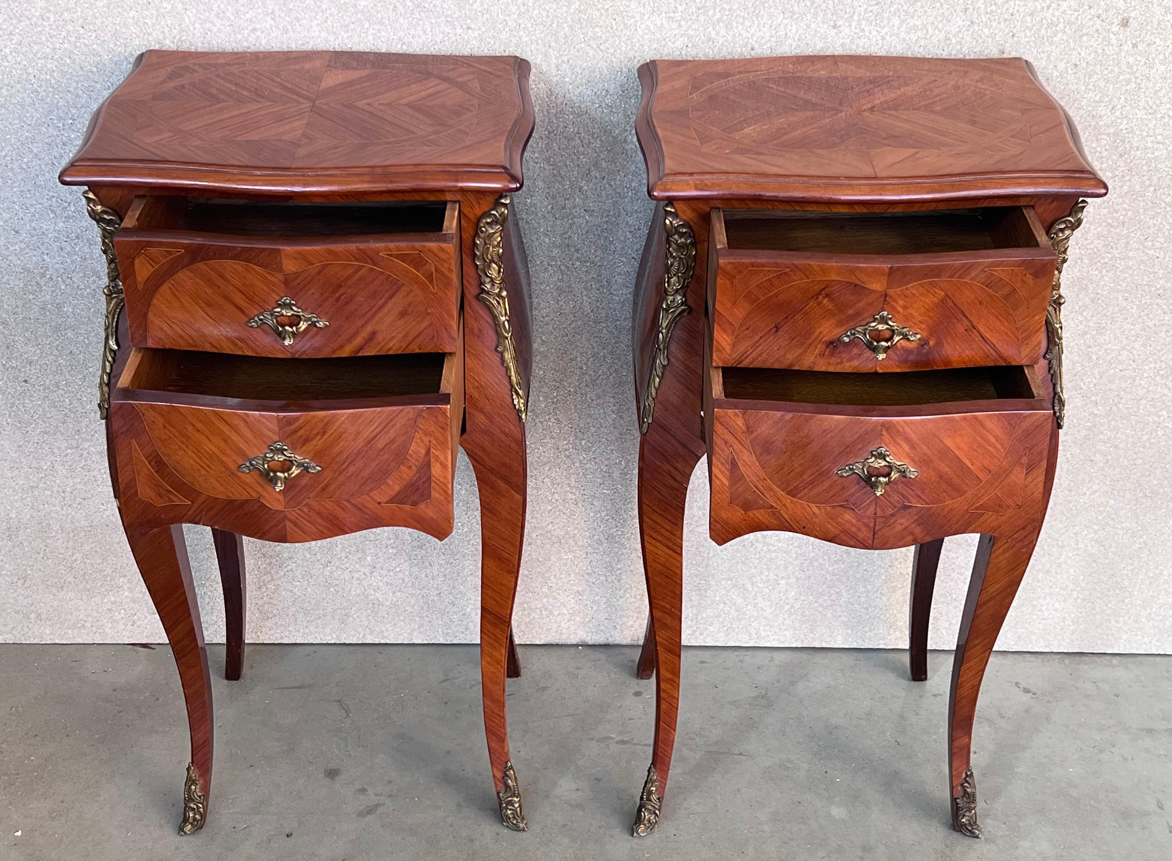 20th Century Antique Louis XV French Marquetry with Drawers Nightstands, Set of 2 For Sale