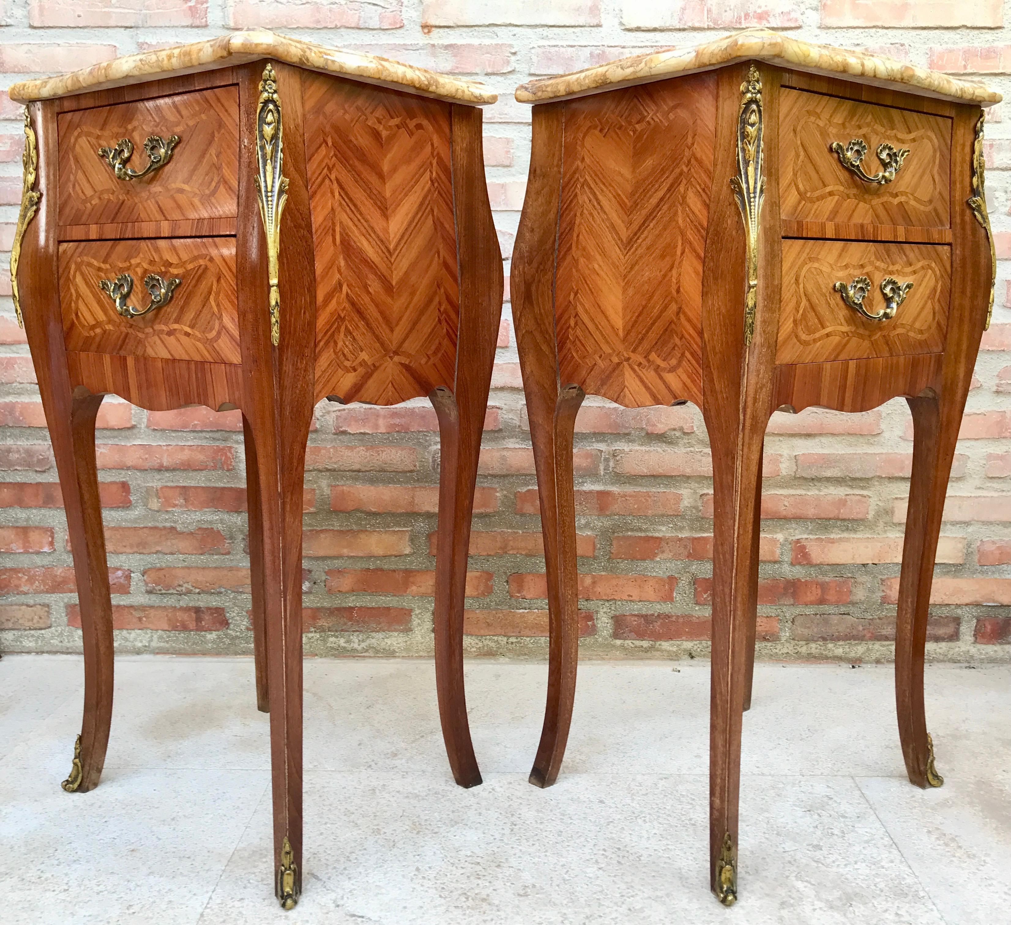 20th Century Antique Louis XV French Marquetry Marble Top Nightstands, Set of 2 For Sale