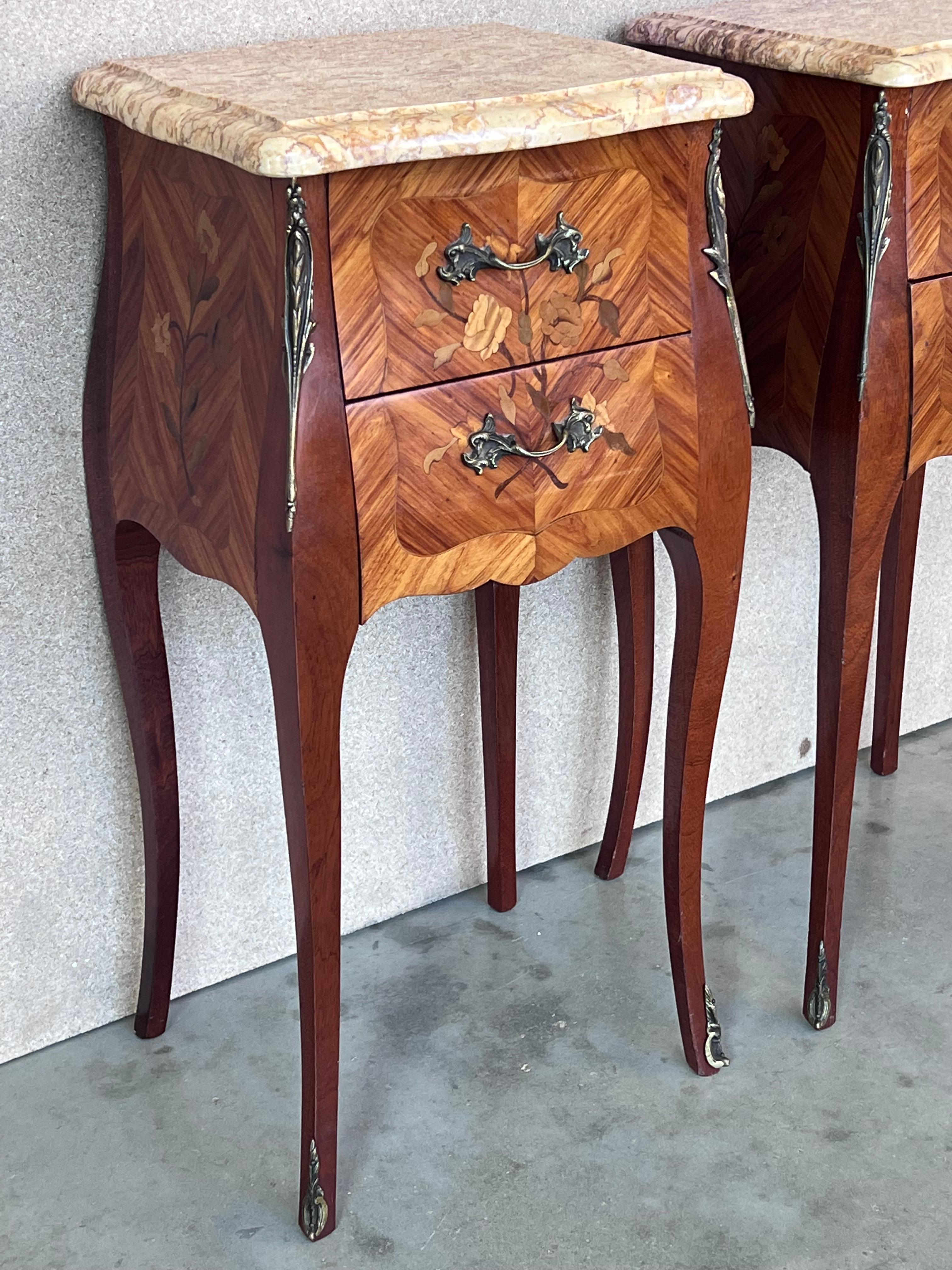 20th Century Antique Louis XV French Marquetry Marble Top Nightstands, Set of 2 For Sale