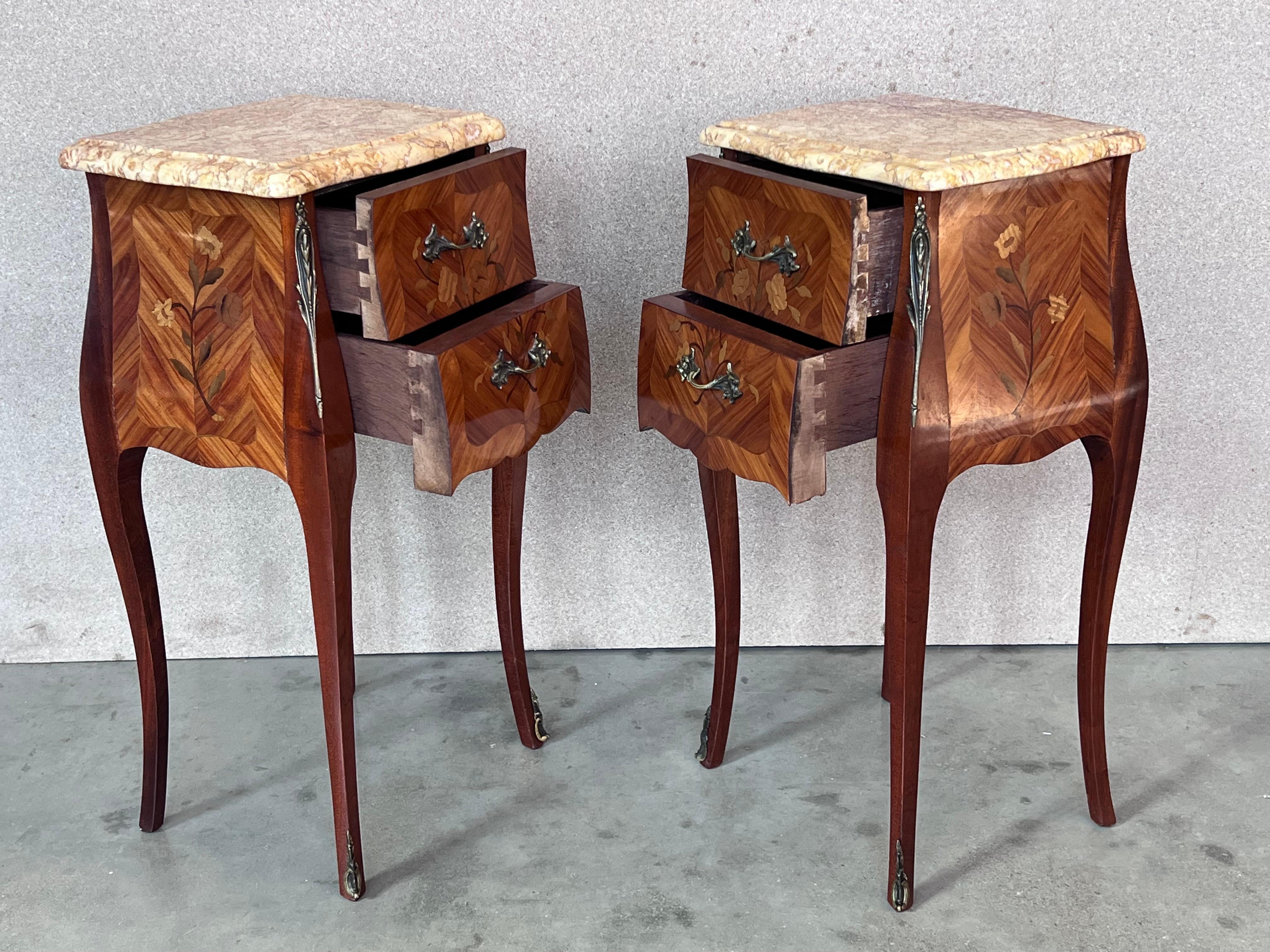 Bronze Antique Louis XV French Marquetry Marble Top Nightstands, Set of 2 For Sale