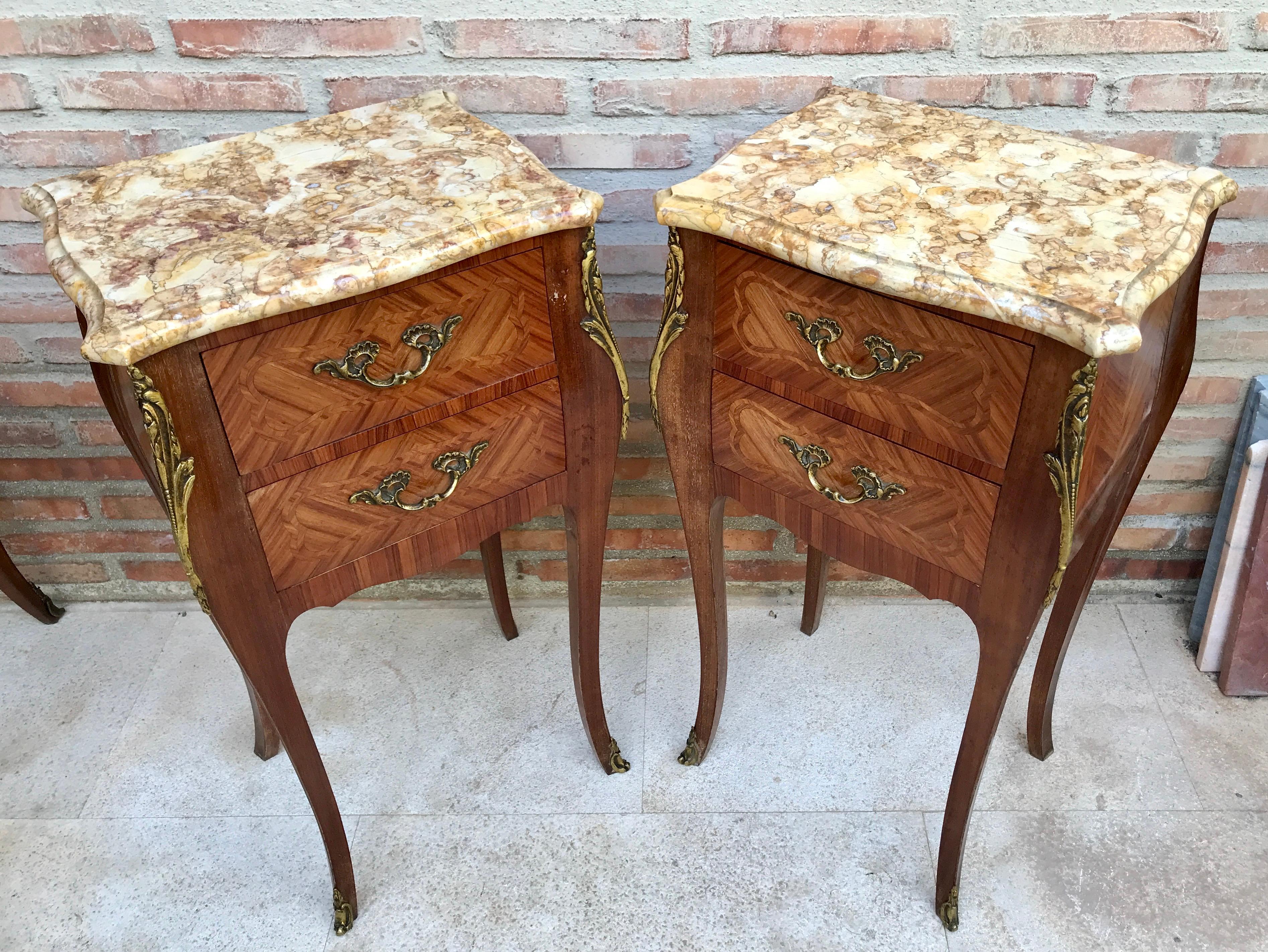 Antique Louis XV French Marquetry Marble Top Nightstands, Set of 2 For Sale 2