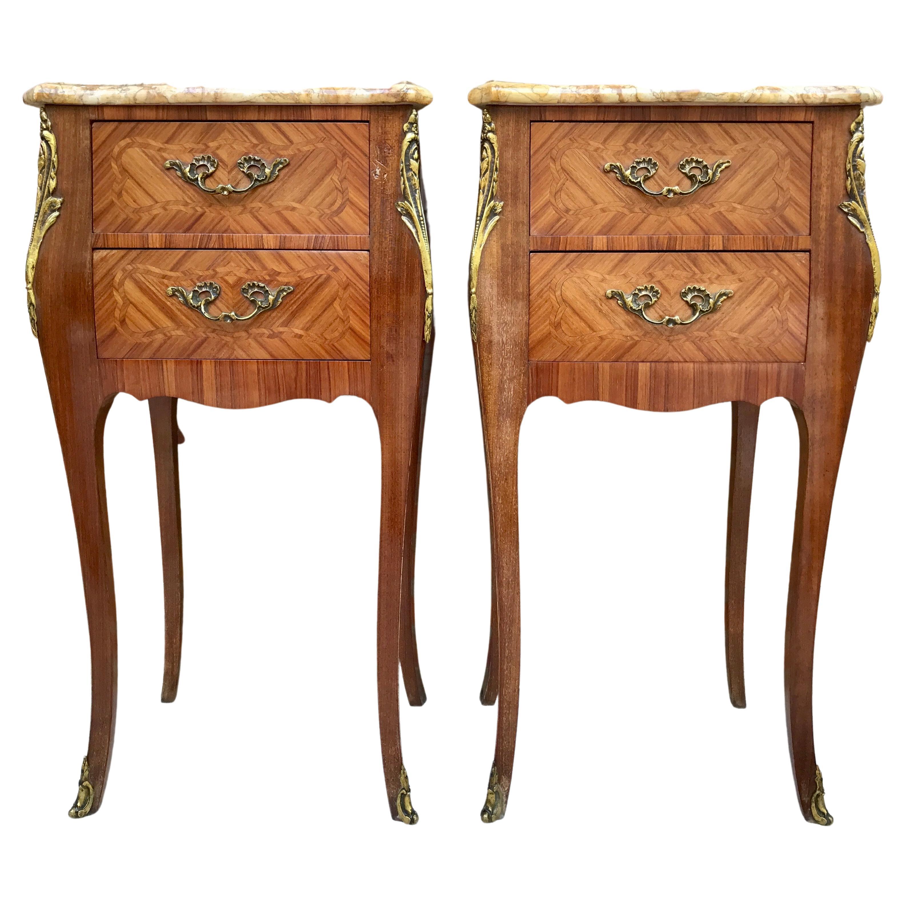 Antique Louis XV French Marquetry Marble Top Nightstands, Set of 2