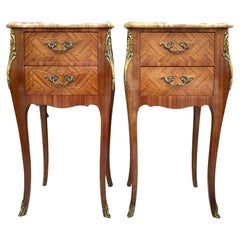 Antique Louis XV French Marquetry Marble Top Nightstands, Set of 2
