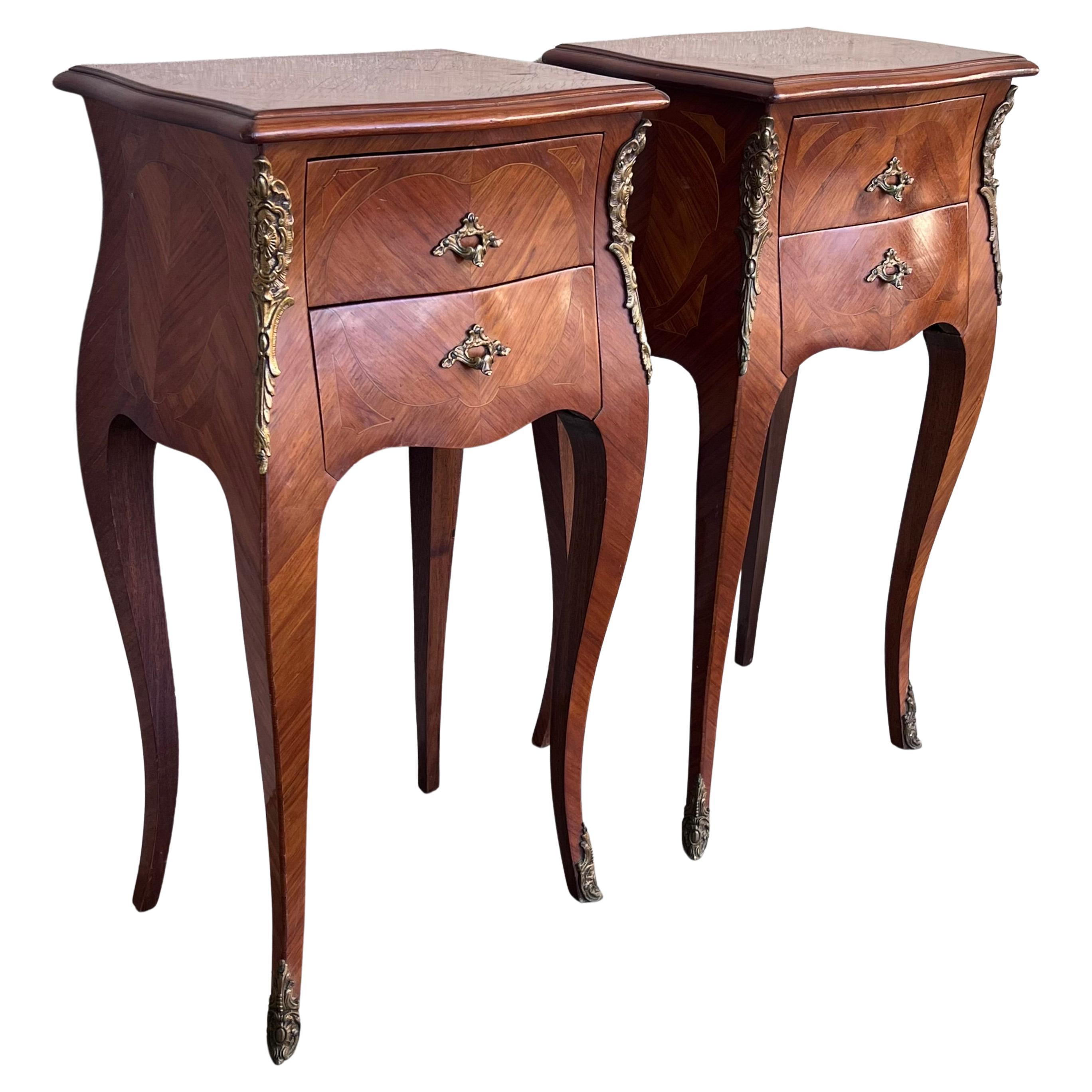 Antique Louis XV French Marquetry with Drawers Nightstands, Set of 2 For Sale