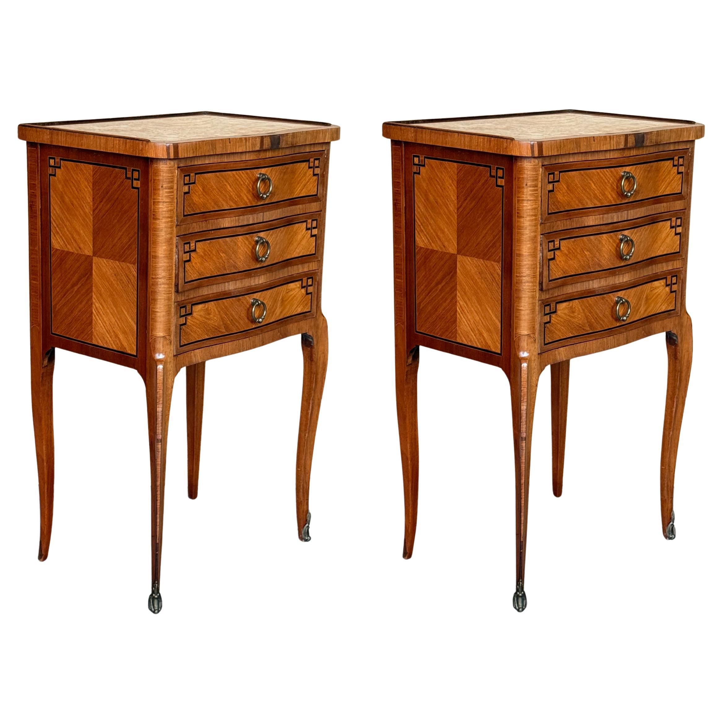 Antique Louis XV French Marquetry Marble Top Nightstands, Set of 2
