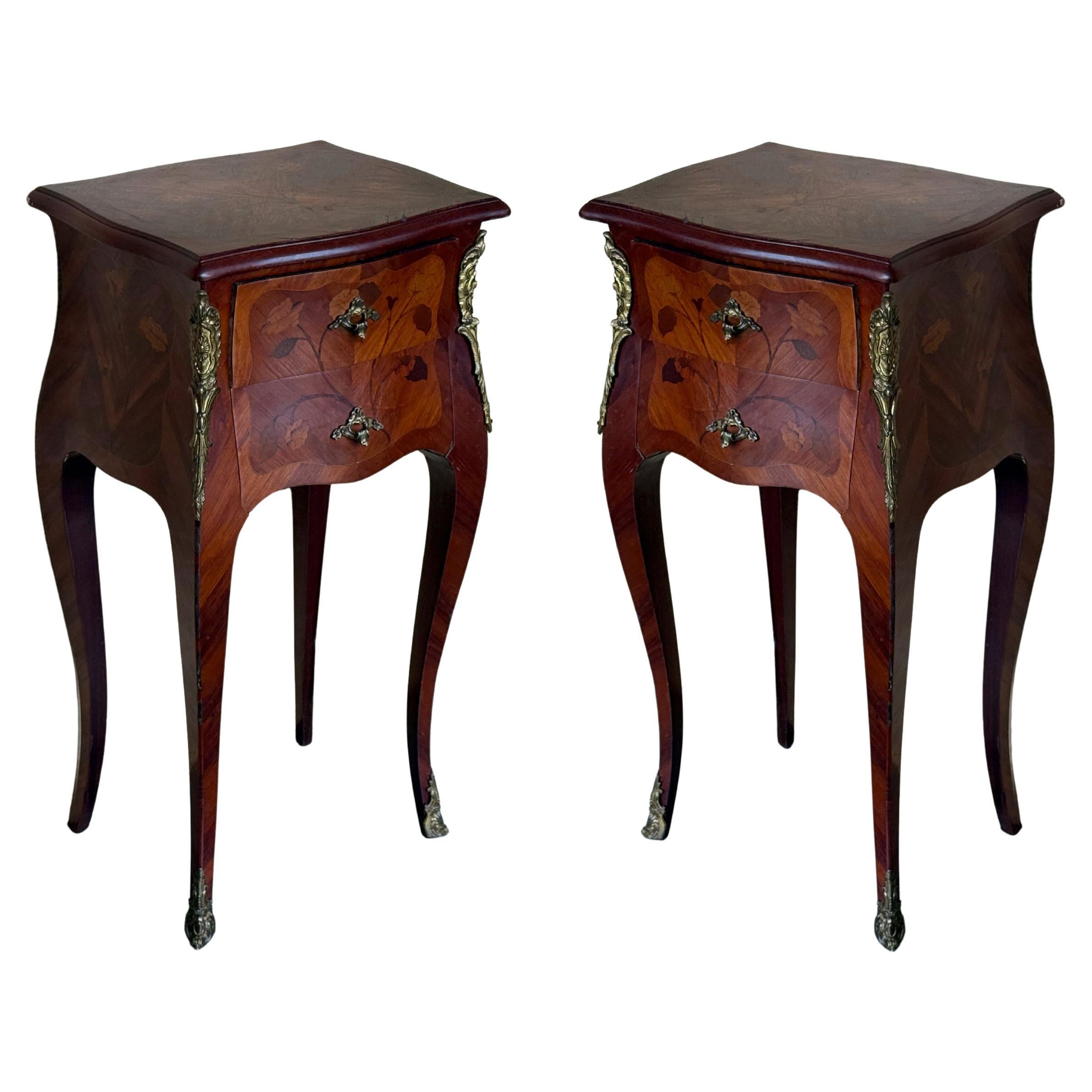 Antique Louis XV French Marquetry with Drawers Nightstands, Set of 2