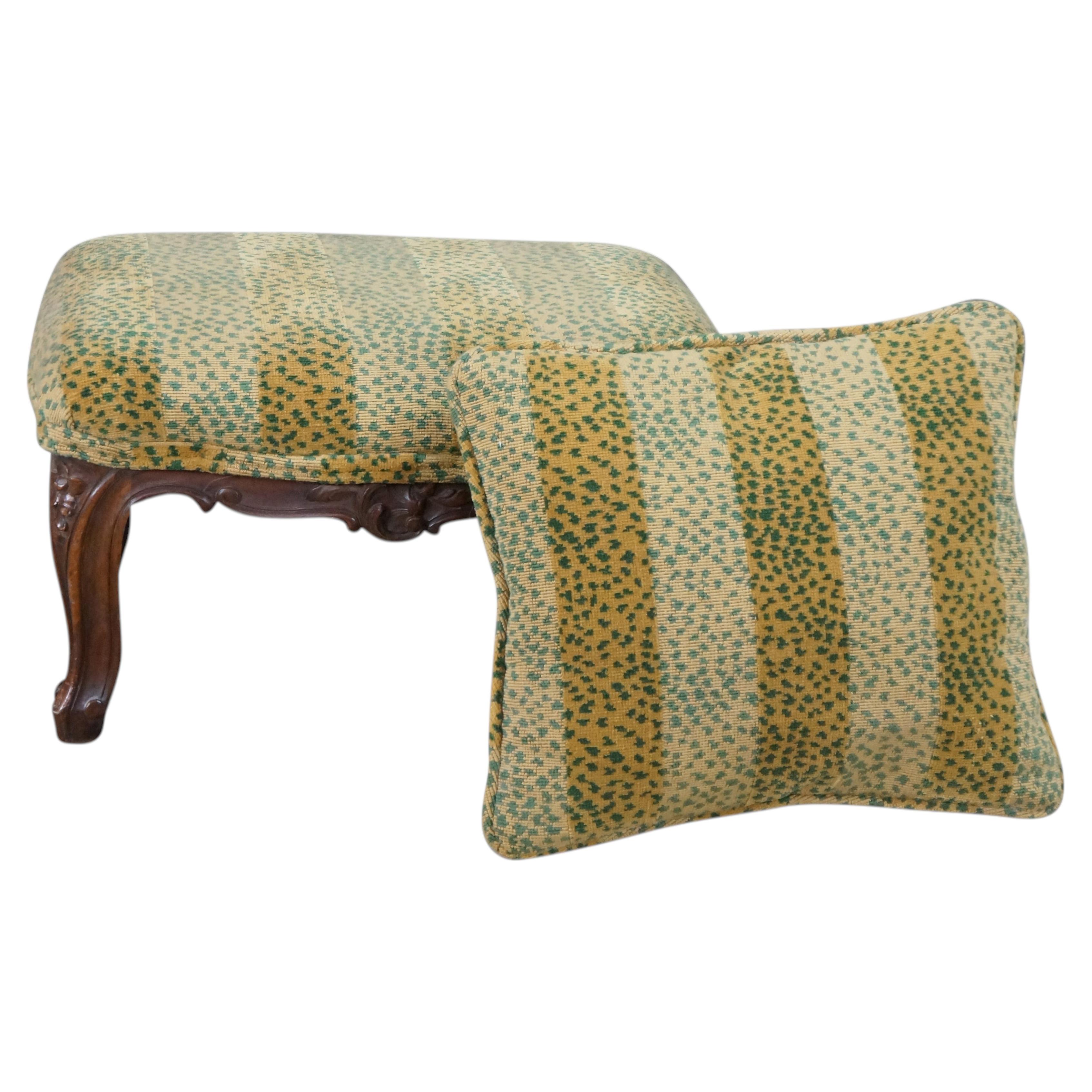 Antique Louis XV French Provincial Walnut Foot Stool Ottoman & Pillow Leopard For Sale