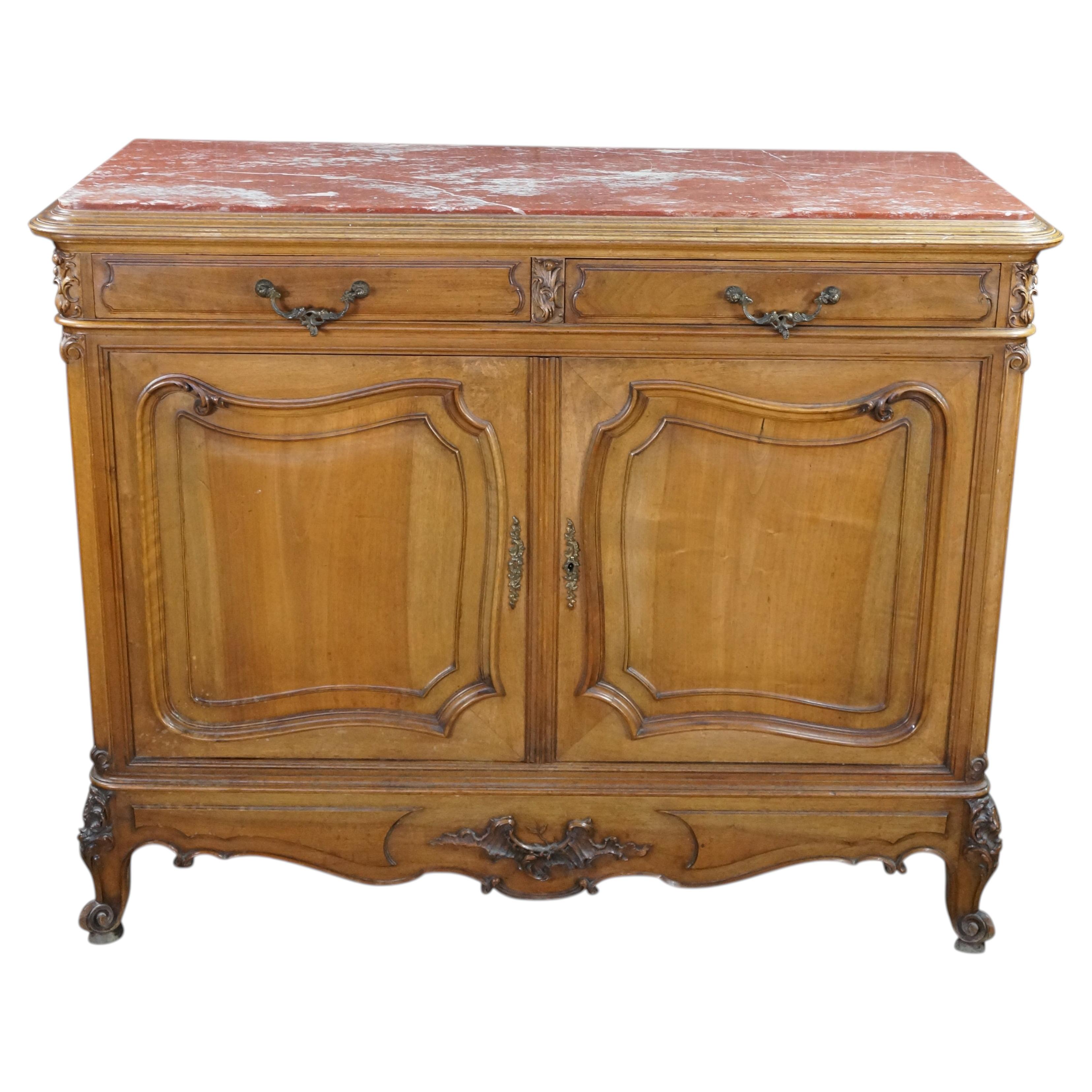 Antique Louis XV French Provincial Walnut Rouge Marble Buffet Sideboard Commode For Sale
